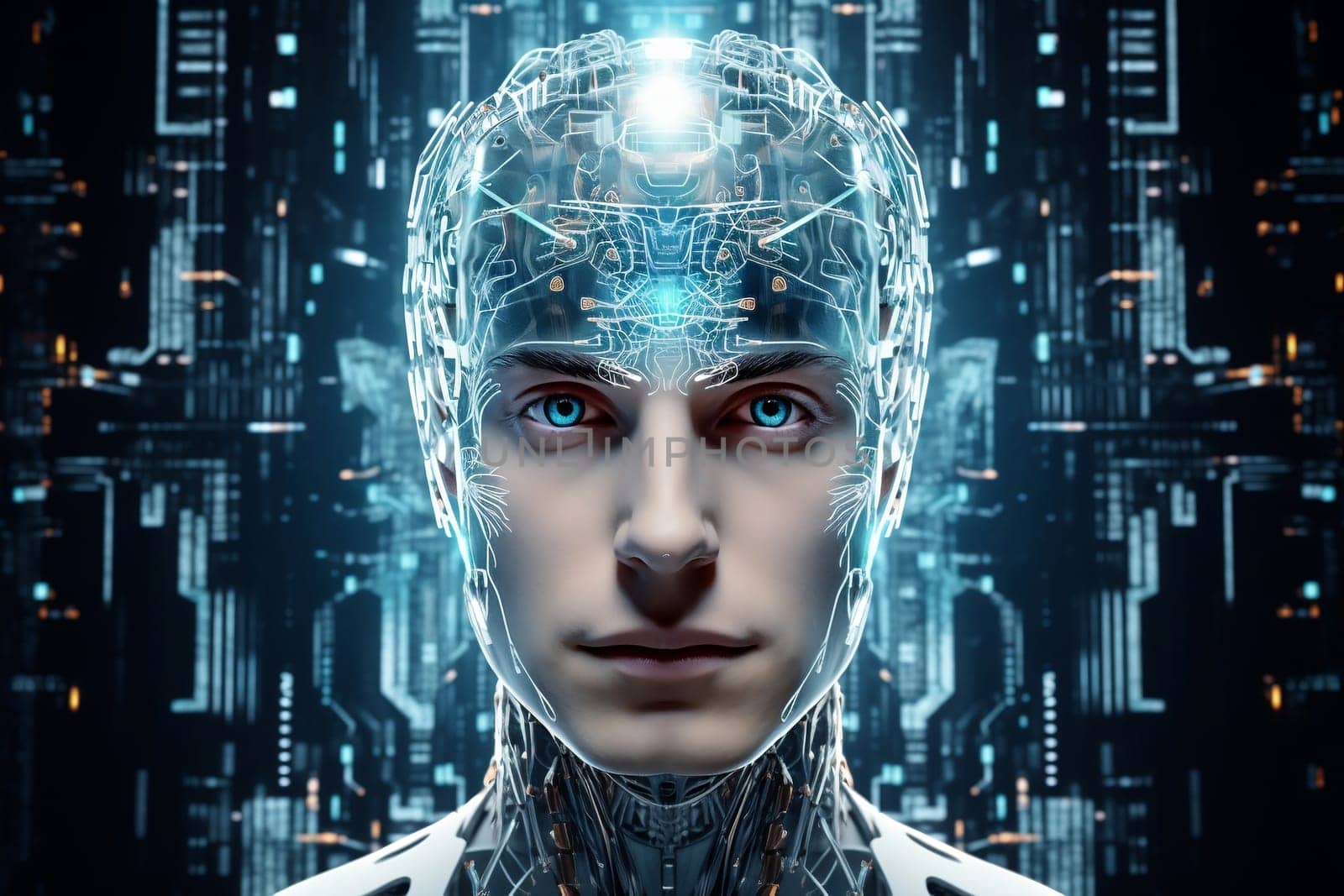 Male android face on dark background. Artificial intelligence concept. Futuristic robot head with technology neural system. AI