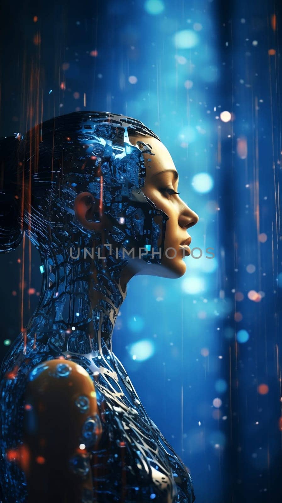 Female android face. Artificial intelligence concept. Futuristic robot head with technology neural system. AI by maclura