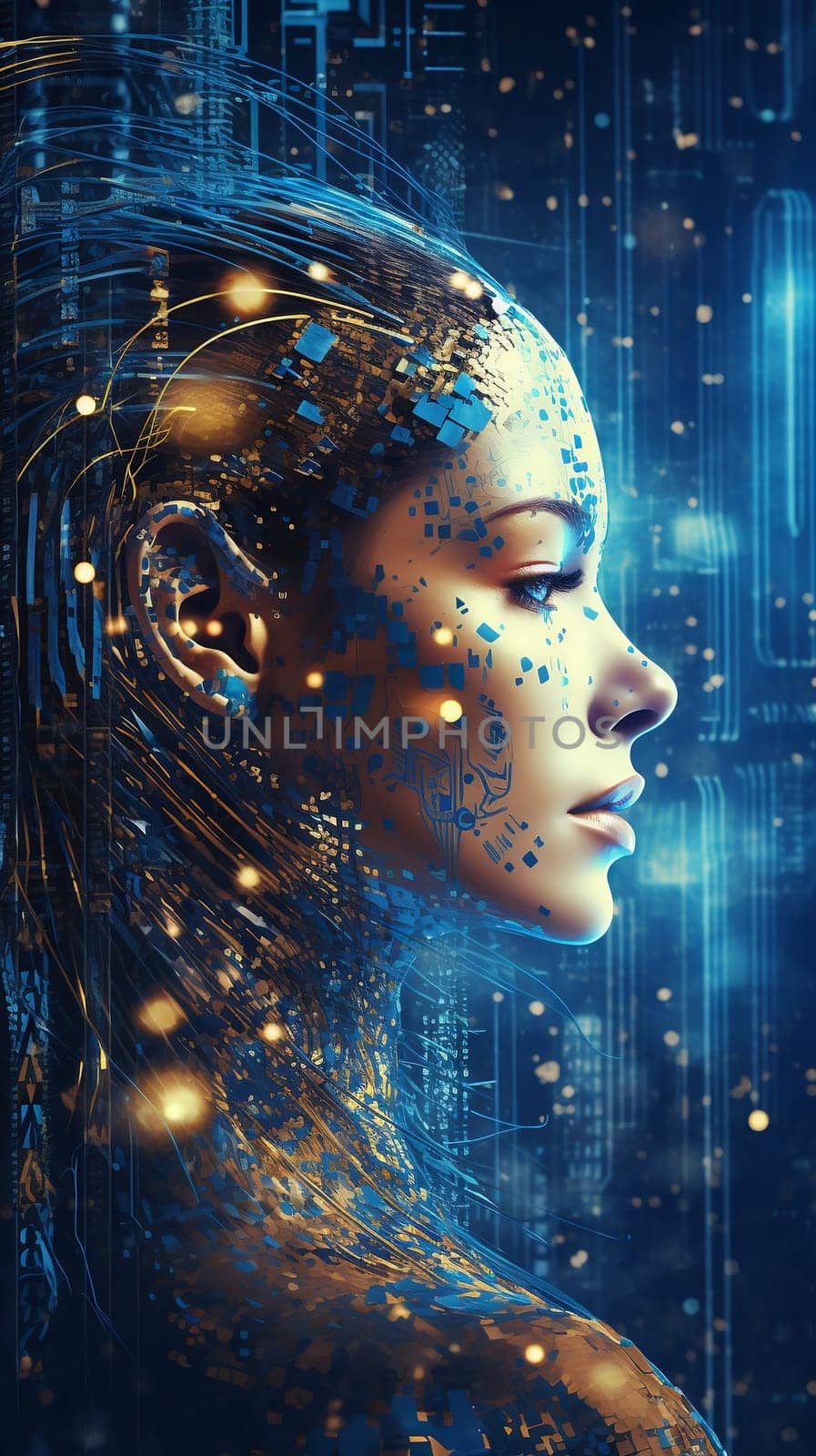Female android face. Artificial intelligence concept. Futuristic robot head with technology neural system. AI by maclura