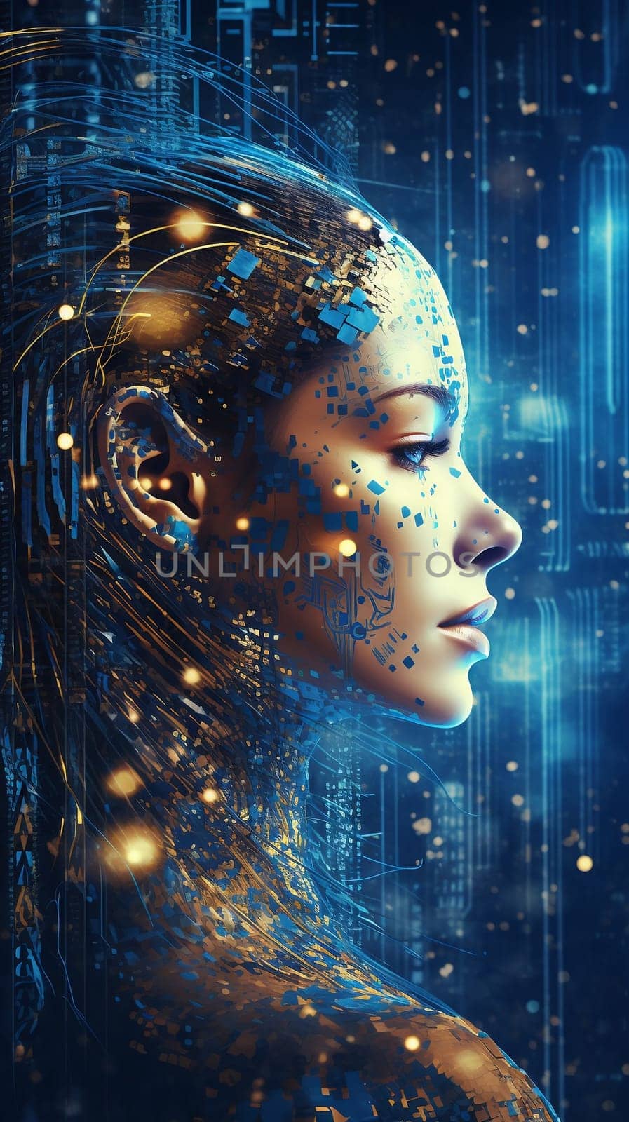 Female android face on dark background. Artificial intelligence concept. Futuristic robot head with technology neural system. AI