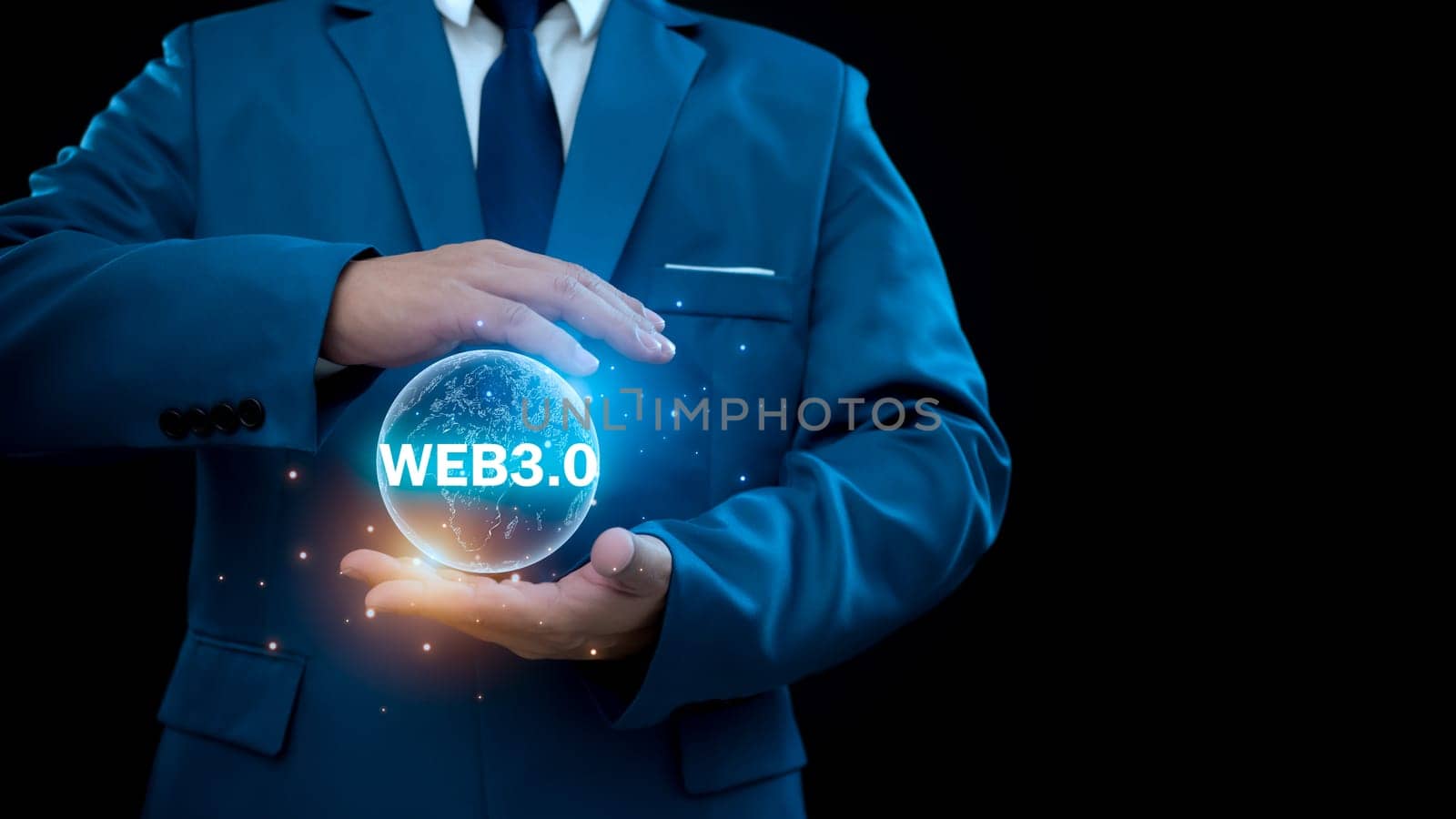 Web 3.0 concept with businessman in suit on black background. Technology and web concept 3.0. Technology global network. website internet development. by Unimages2527