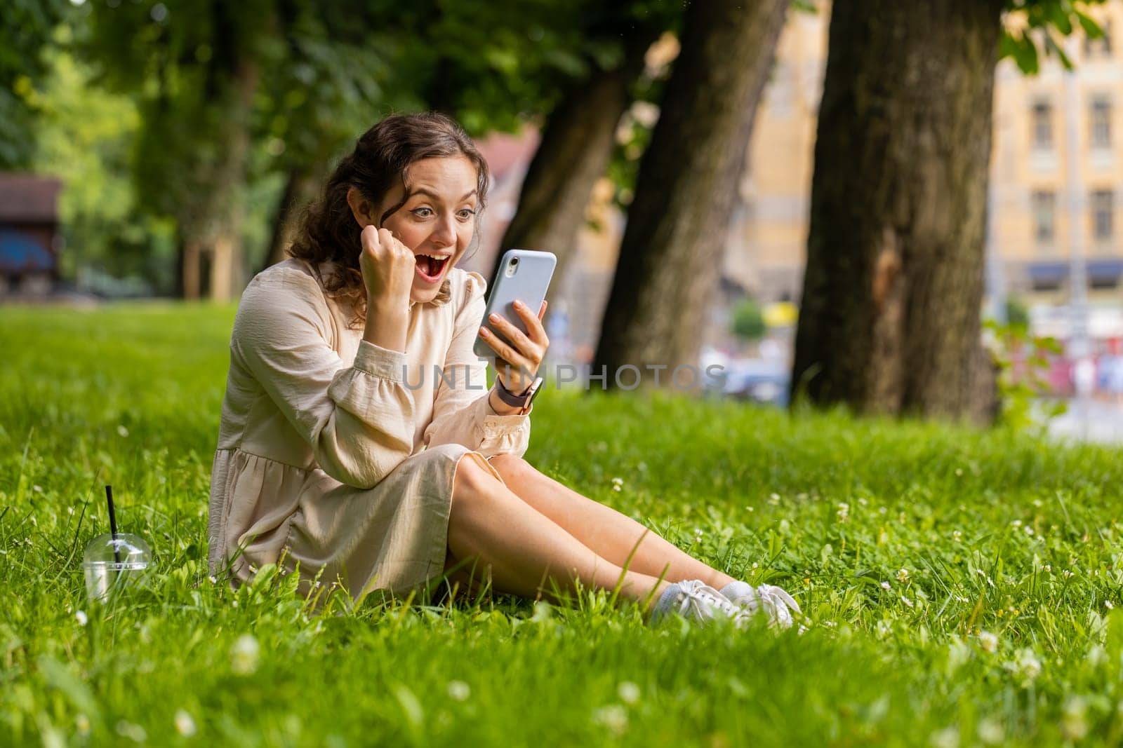 Young woman use mobile smartphone celebrating win good message news, lottery jackpot victory, giveaway online. Happy girl sitting on grass in urban sunset city park outdoors background. Lifestyles