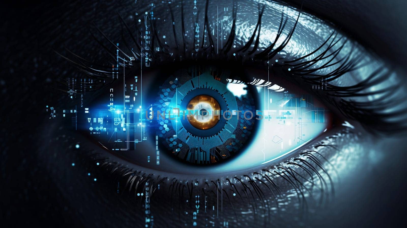 Eye pupil of a robot, cybernetic eye. Futuristic eye of a robot. AI. Human android cyborg eye futuristic control protection personal internet security access by maclura