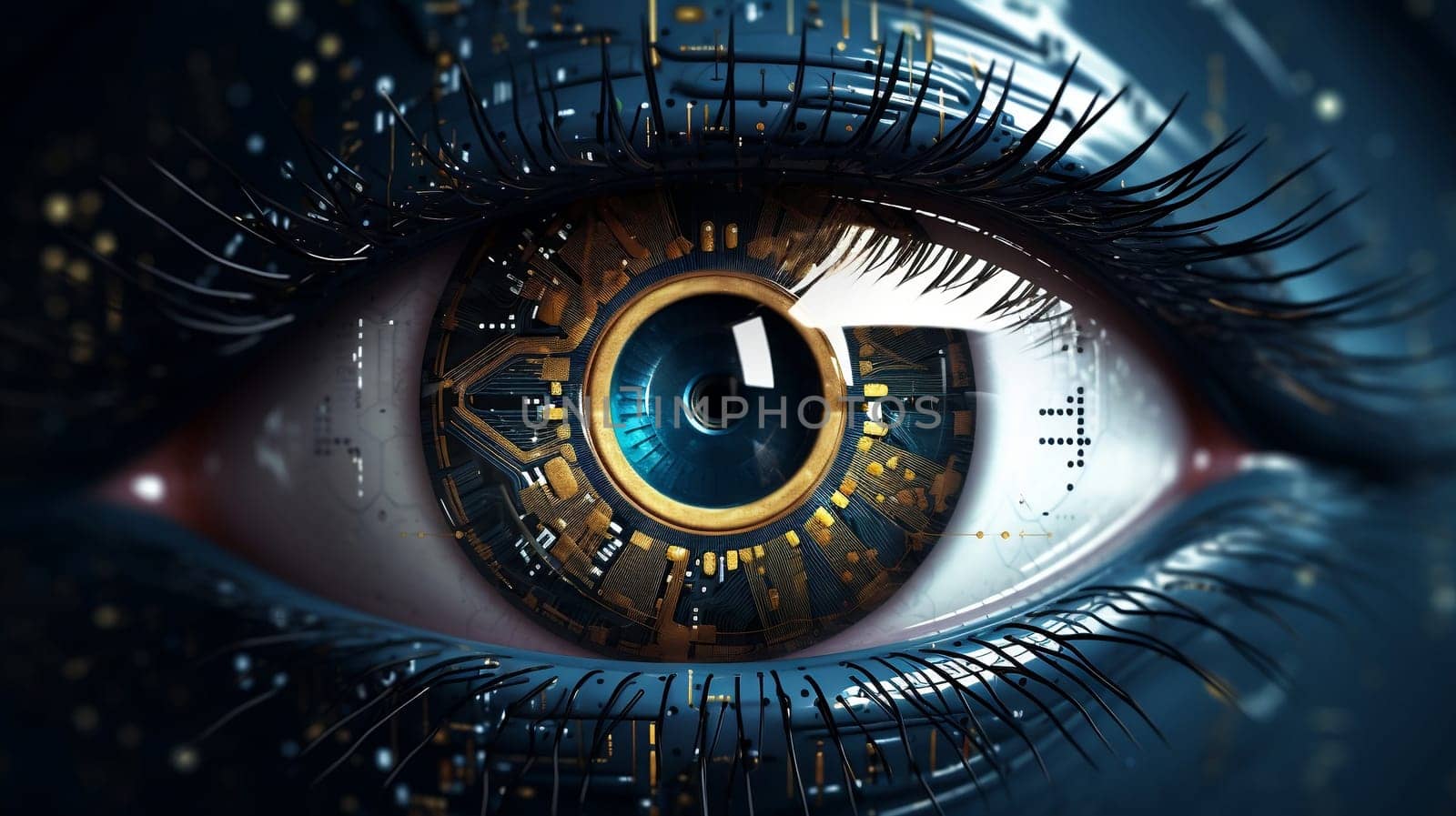 Eye pupil of a robot, cybernetic eye. Futuristic eye of robot. AI. Human android cyborg eye futuristic control protection personal internet security access