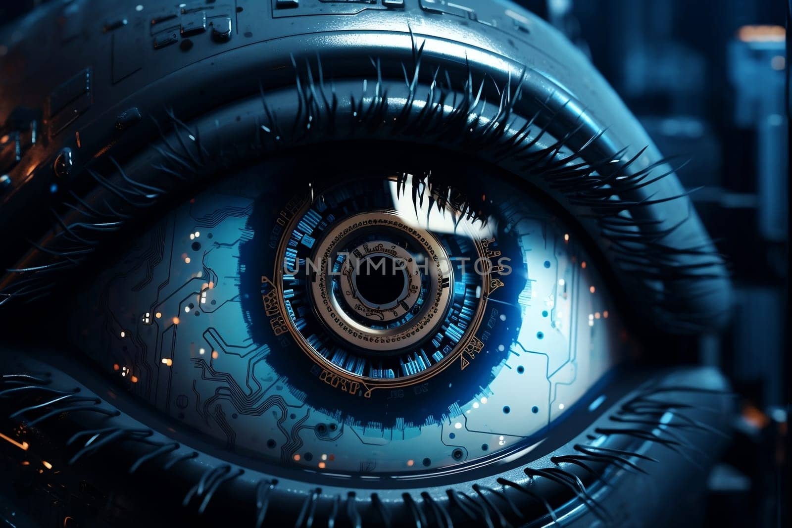 Eye pupil of a robot, cybernetic eye. Futuristic eye of robot. AI. Human android cyborg eye futuristic control protection personal internet security access