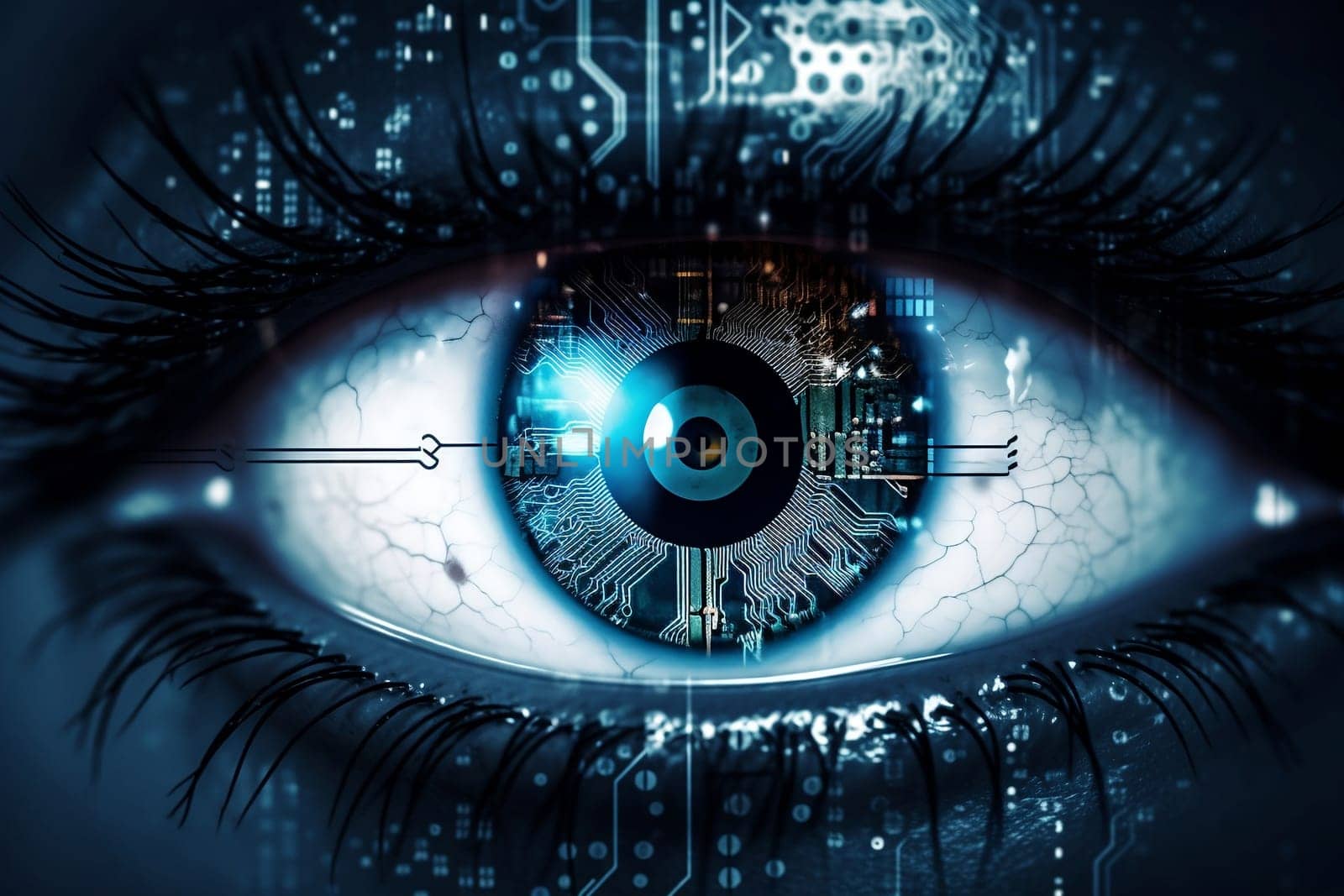 Eye pupil of a robot, cybernetic eye. Futuristic eye of a robot. AI. Human android cyborg eye futuristic control protection personal internet security access by maclura