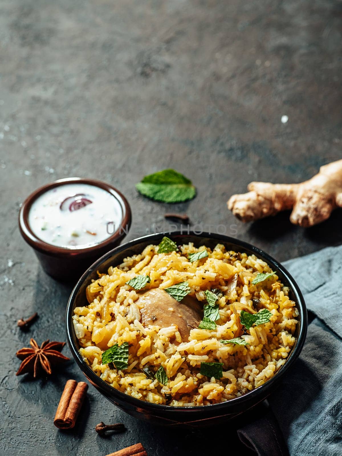 Pakistani chicken biryani rice, copy space by fascinadora