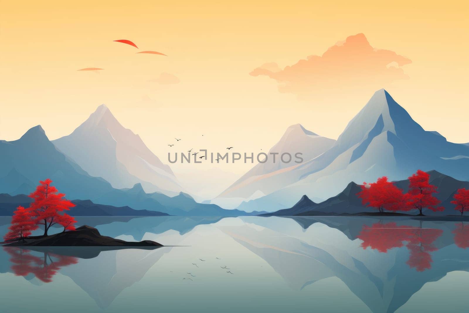 Illustration of stunning landscape minimalism art. Purple colors, sunset. View of the lake and mountains. Generative ai.