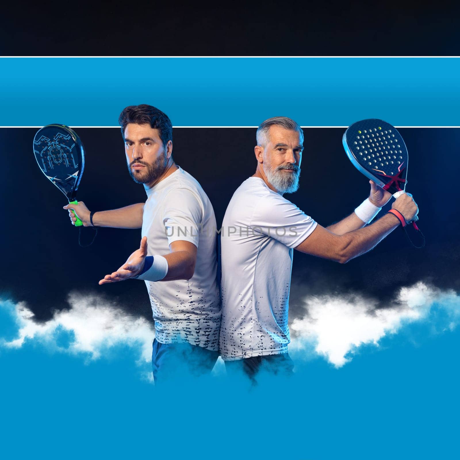 Padel tennis doubles. Two athletes players with racket. Man athlete with paddle racket on court with neon colors. Sport concept. Download a high quality photo for the design of a sports app by MikeOrlov