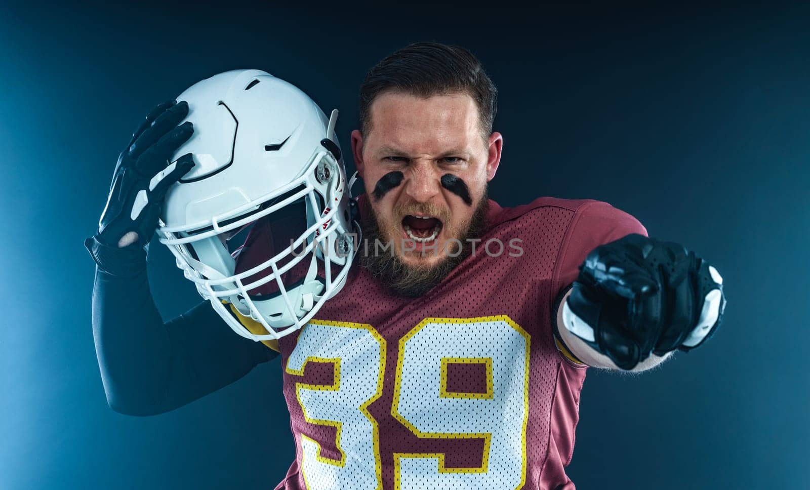 American football player banner for ads. Template for a sports magazine, websites, articles, outdoor advertisments with copy space. Mockup for betting advertisement