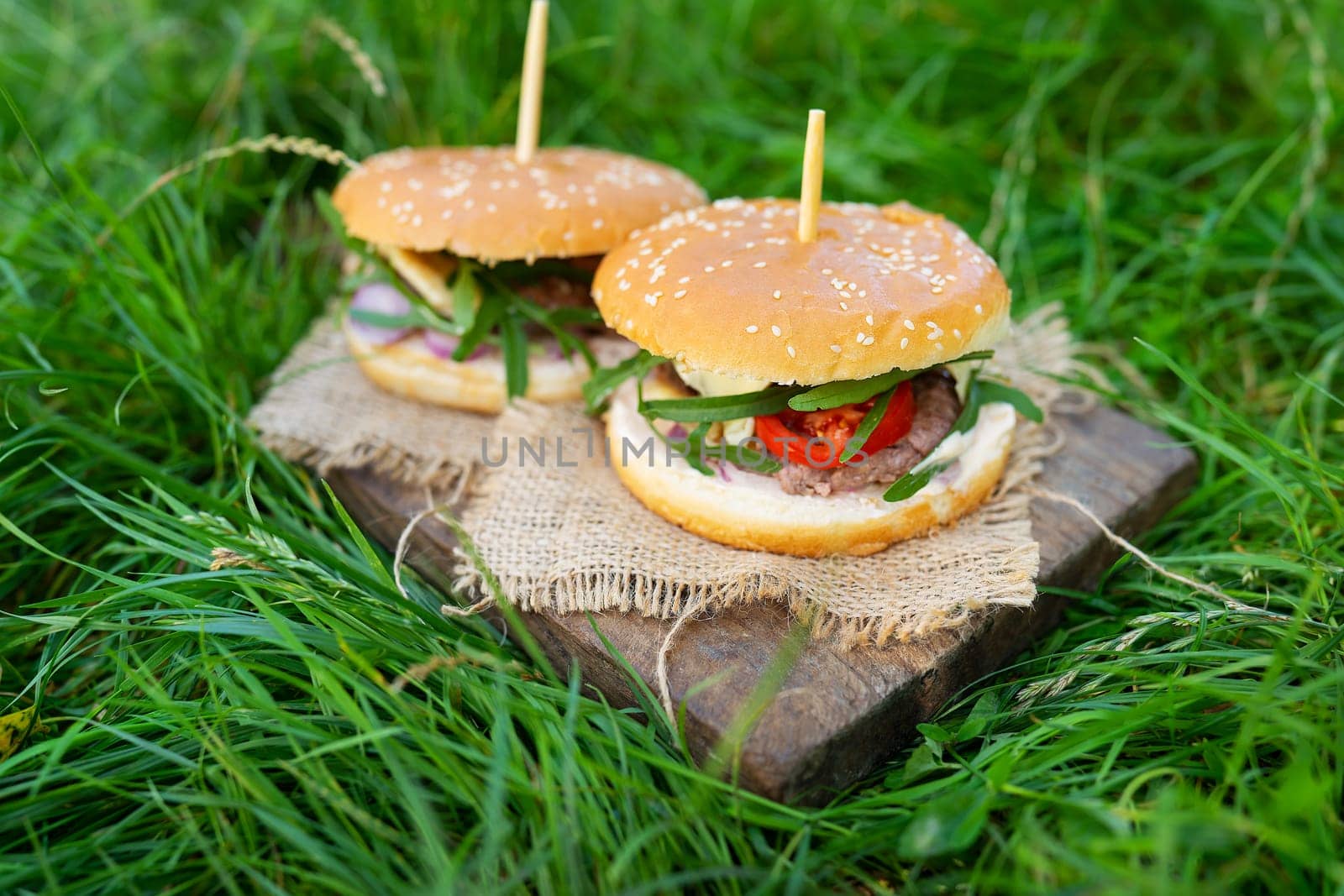 Delicious fresh burgers served on wooden boards, photo outdoors on green grass. Close-up
