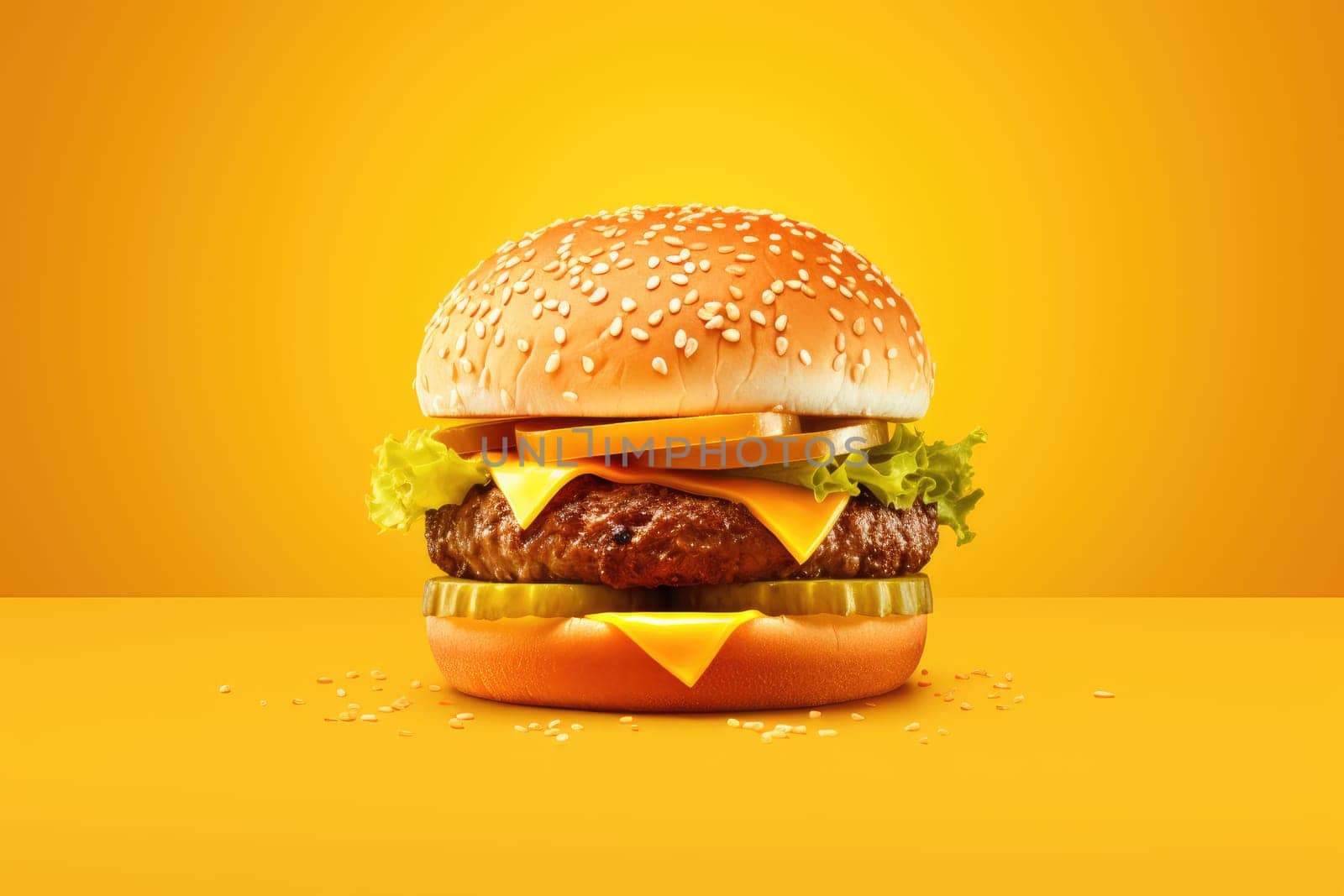 Tasty burger on minimal red and yellow background, AI Generative. High quality photo