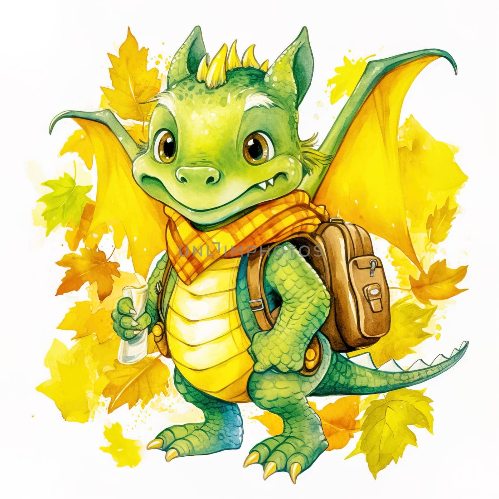 A cheerful dragon goes to school. The concept of the beginning of the school year. Generative AI. High quality illustration