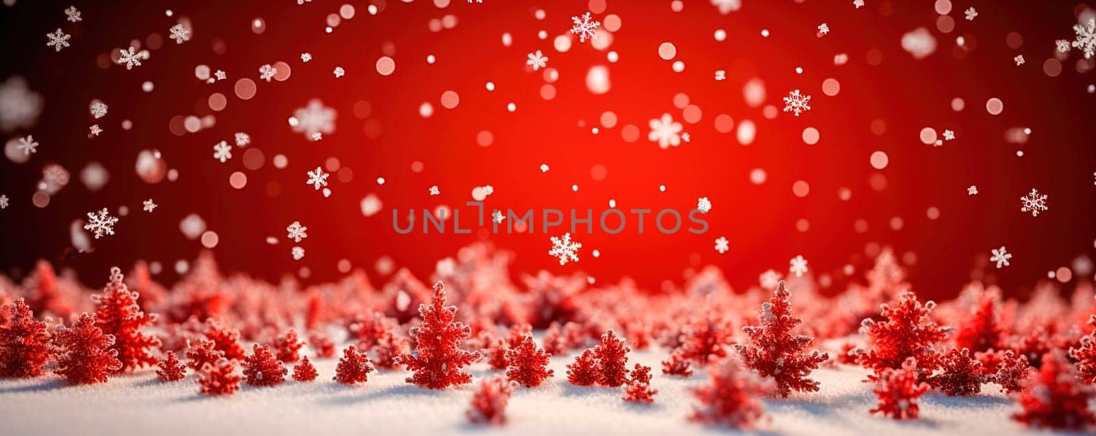 Snowy, red Christmas background. Gentle flying snow. Generative AI. High quality illustration