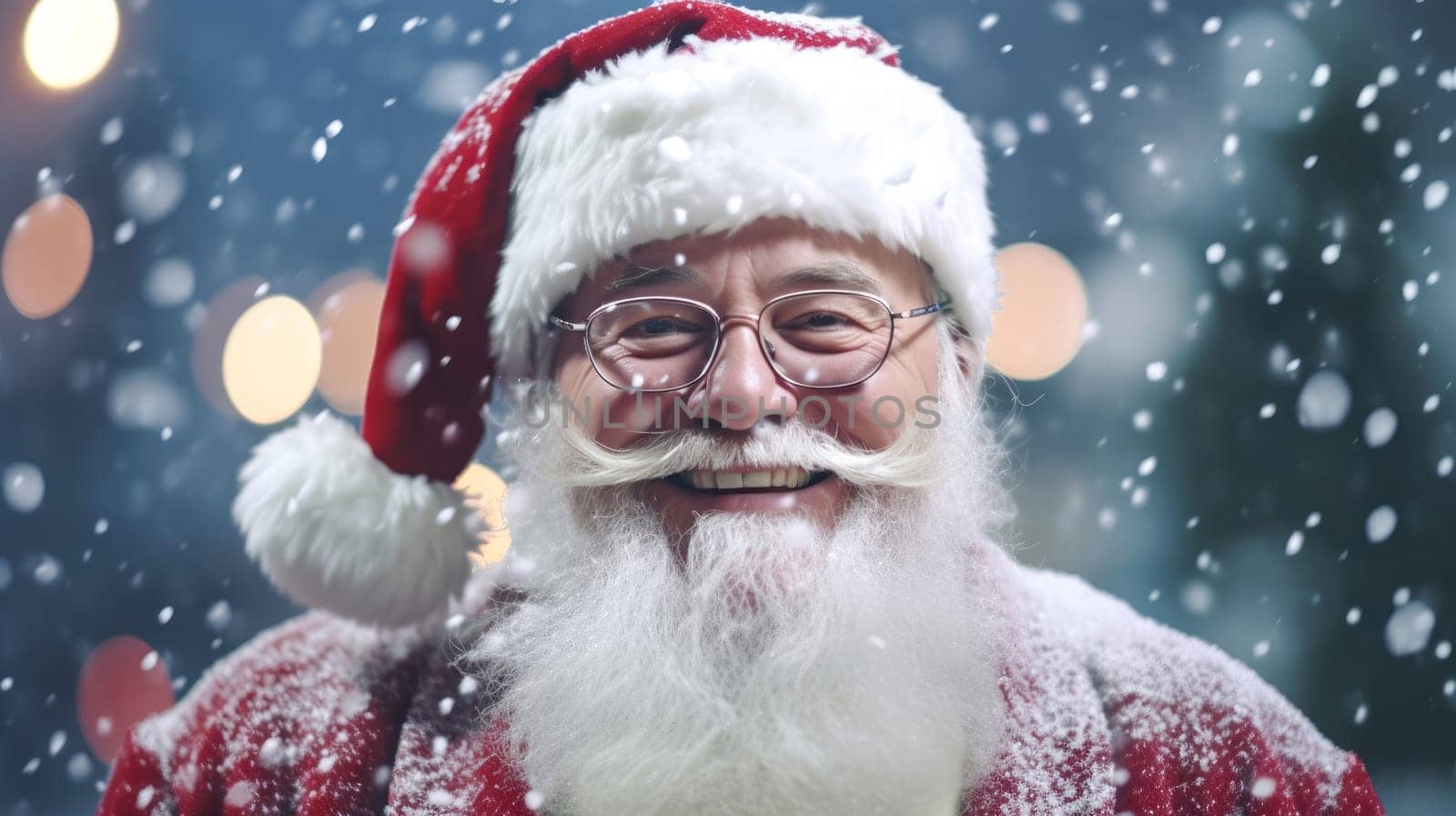 Happy Santa Claus outdoors in snowfall hands crossed. Generative Ai.