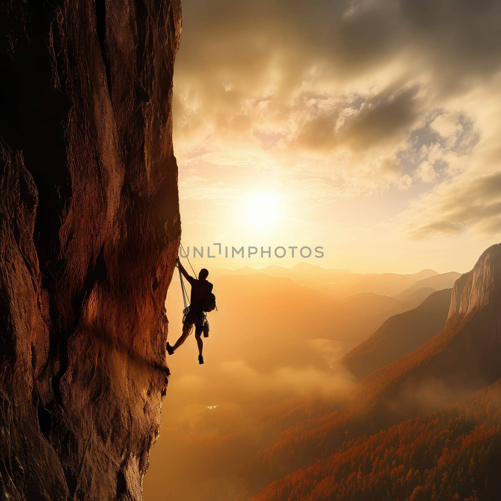 Rock climber photo realistic illustration - Generative AI. Man, climb, rock, rope.