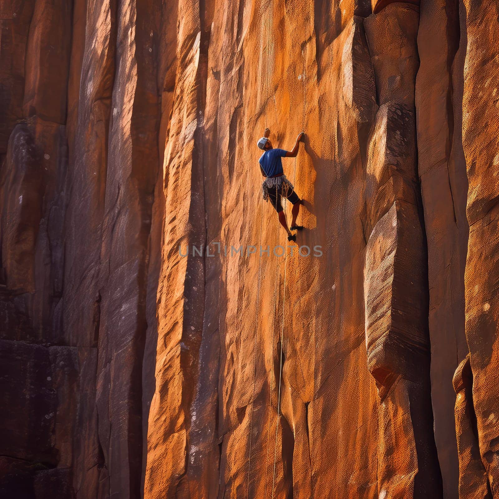 Rock climber photo realistic illustration - Generative AI. Man, climb, rock, rope.