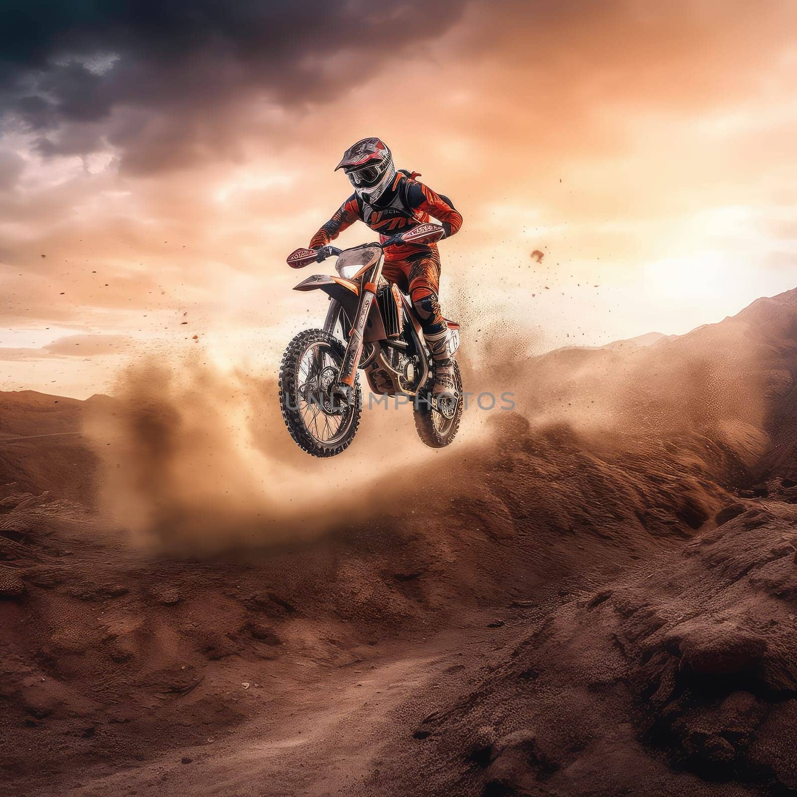 Motocross rider photo realistic illustration - Generative AI. Man, helmet, motorbike, dust.