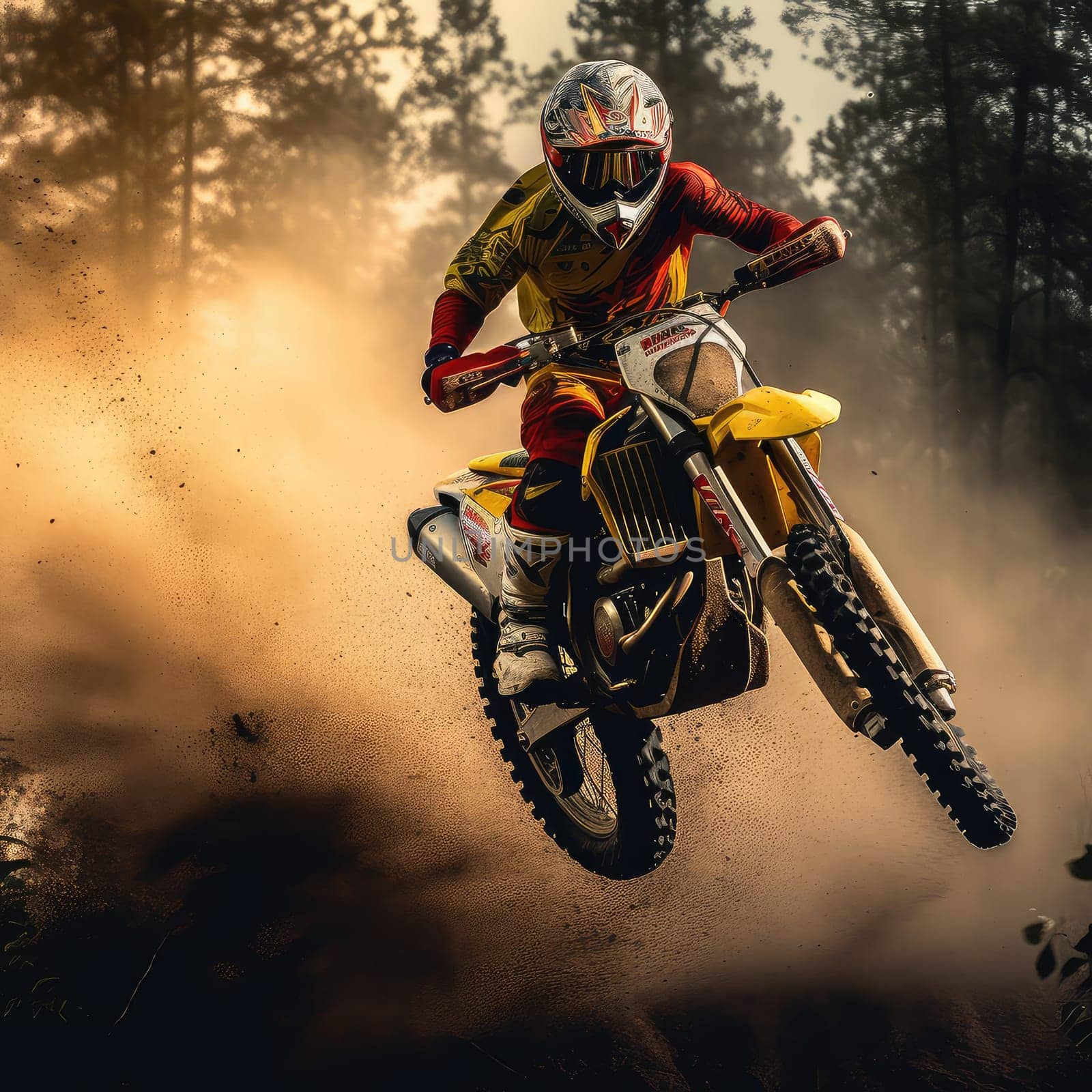 Motocross rider photo realistic illustration - Generative AI. Man, helmet, motorbike, dust.