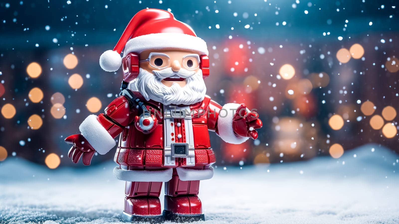 Santa Claus toy in the Christmas winter snowy landscape, banner made with Generative AI. High quality illustration