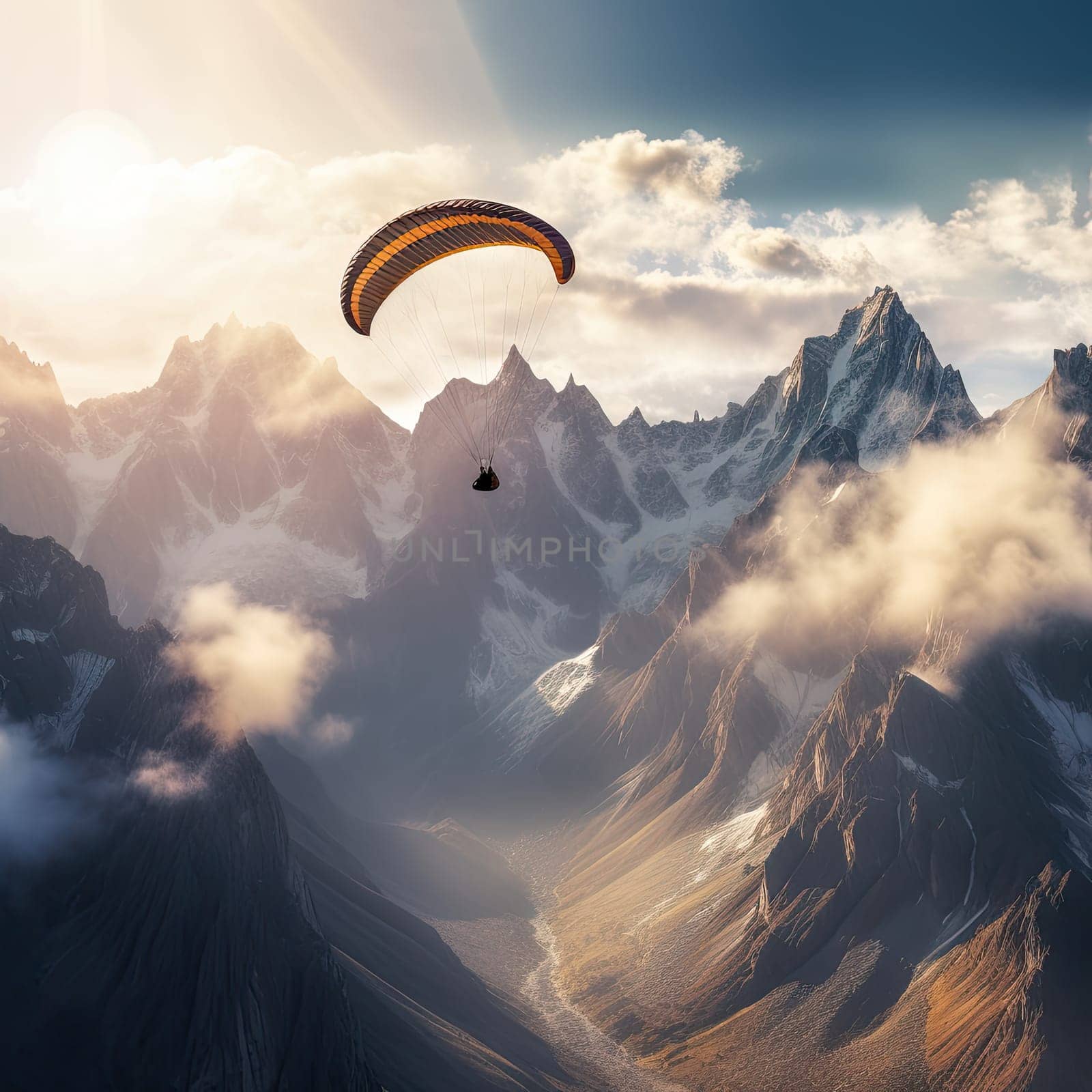 Paraglider soaring photo realistic illustration - Generative AI. Paraglider, man, flying, mountain.