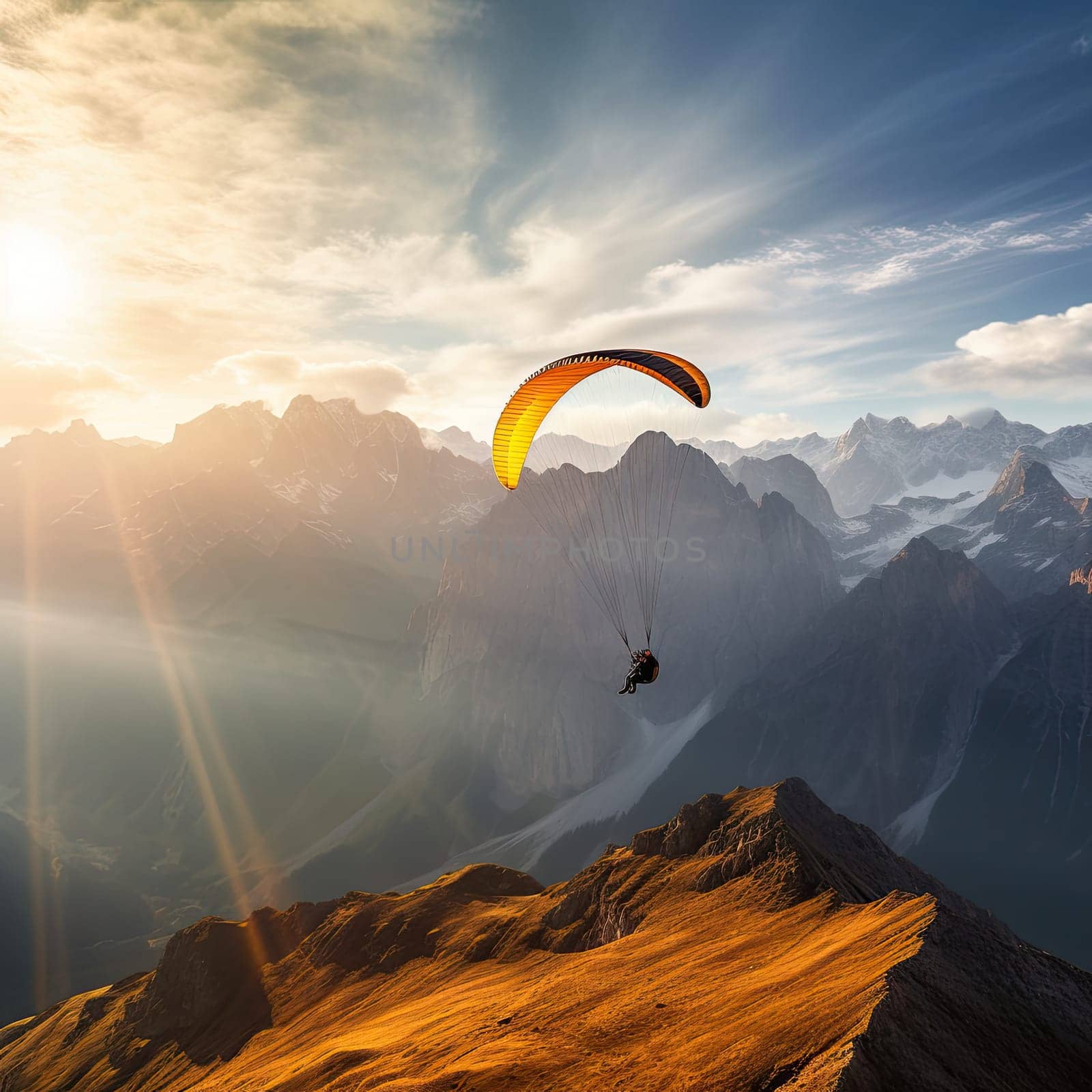 Paraglider soaring photo realistic illustration - Generative AI. Paraglider, man, flying, mountain.
