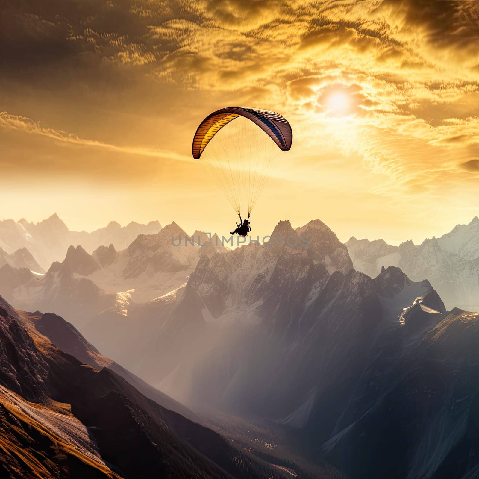 Paraglider soaring photo realistic illustration - Generative AI. Paraglider, man, flying, mountain.