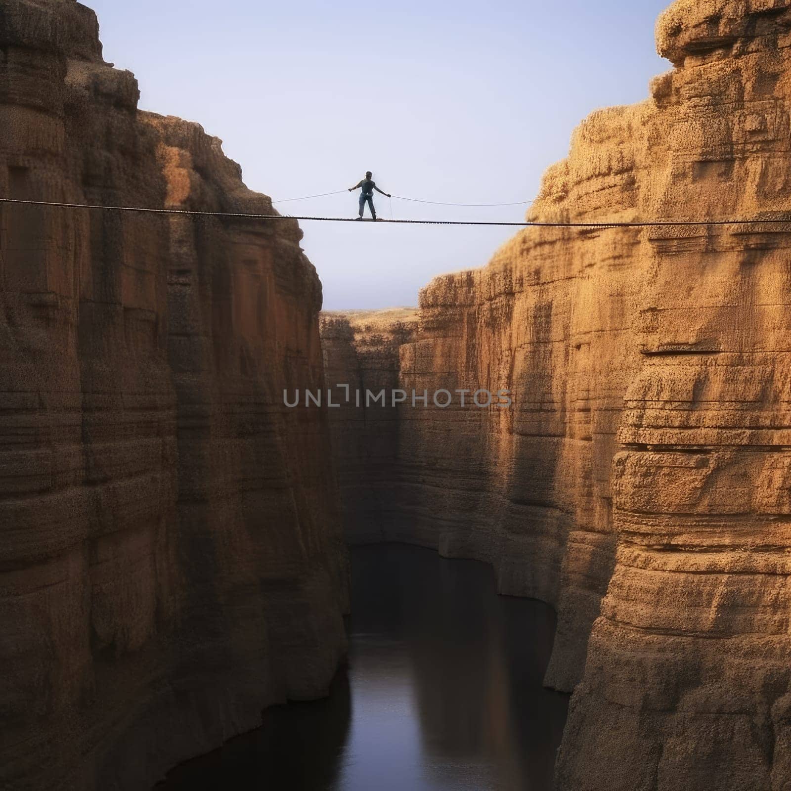 Slackliner balancing on a rope photo realistic illustration - Generative AI. Man, slackliner, rope, cliff, river.