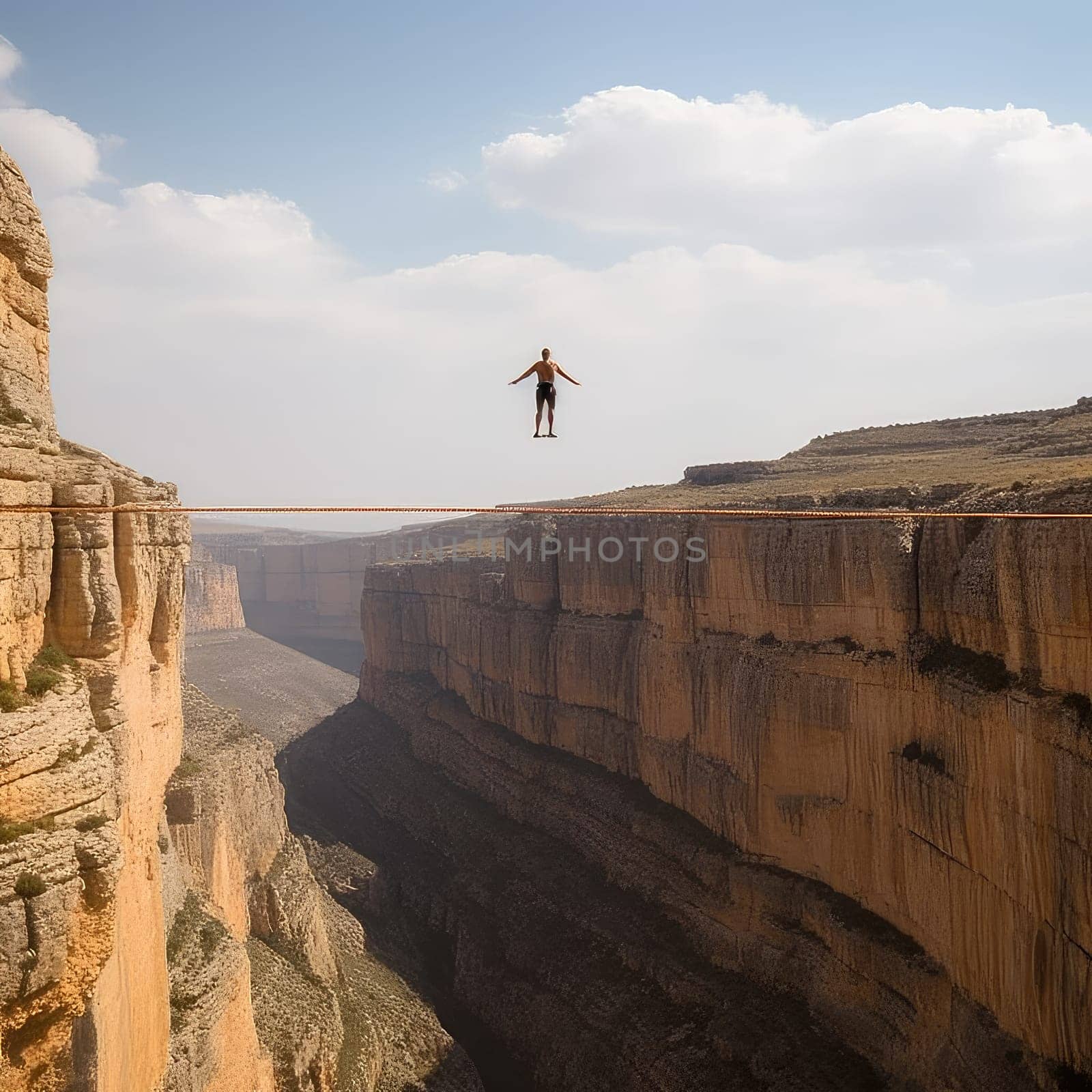 Slackliner balancing on a rope photo realistic illustration - Generative AI. Man, slackliner, rope, cliff, river.