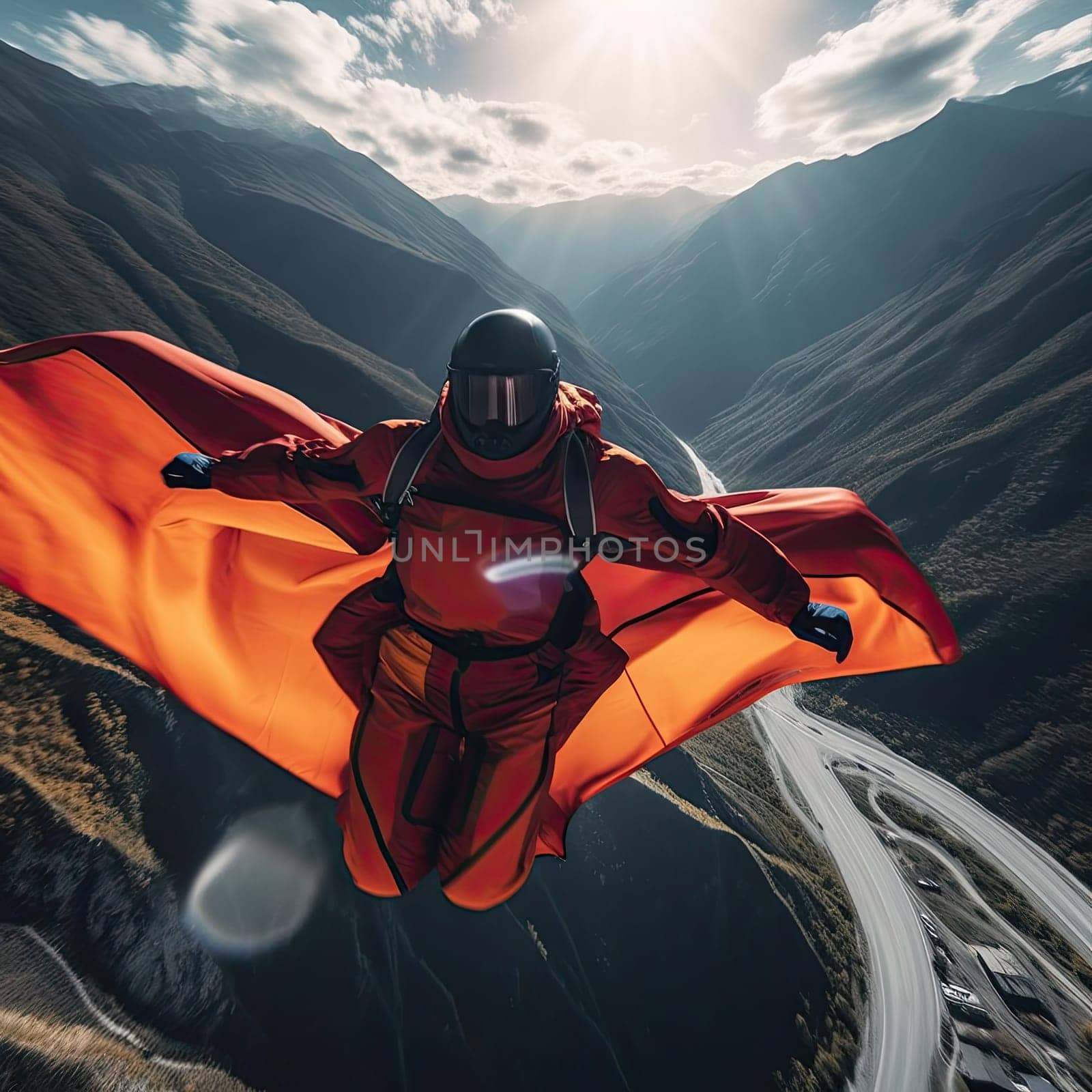 Wingsuit flyer photo realistic illustration - Generative AI. Man, wingsuit, mountain, sky.