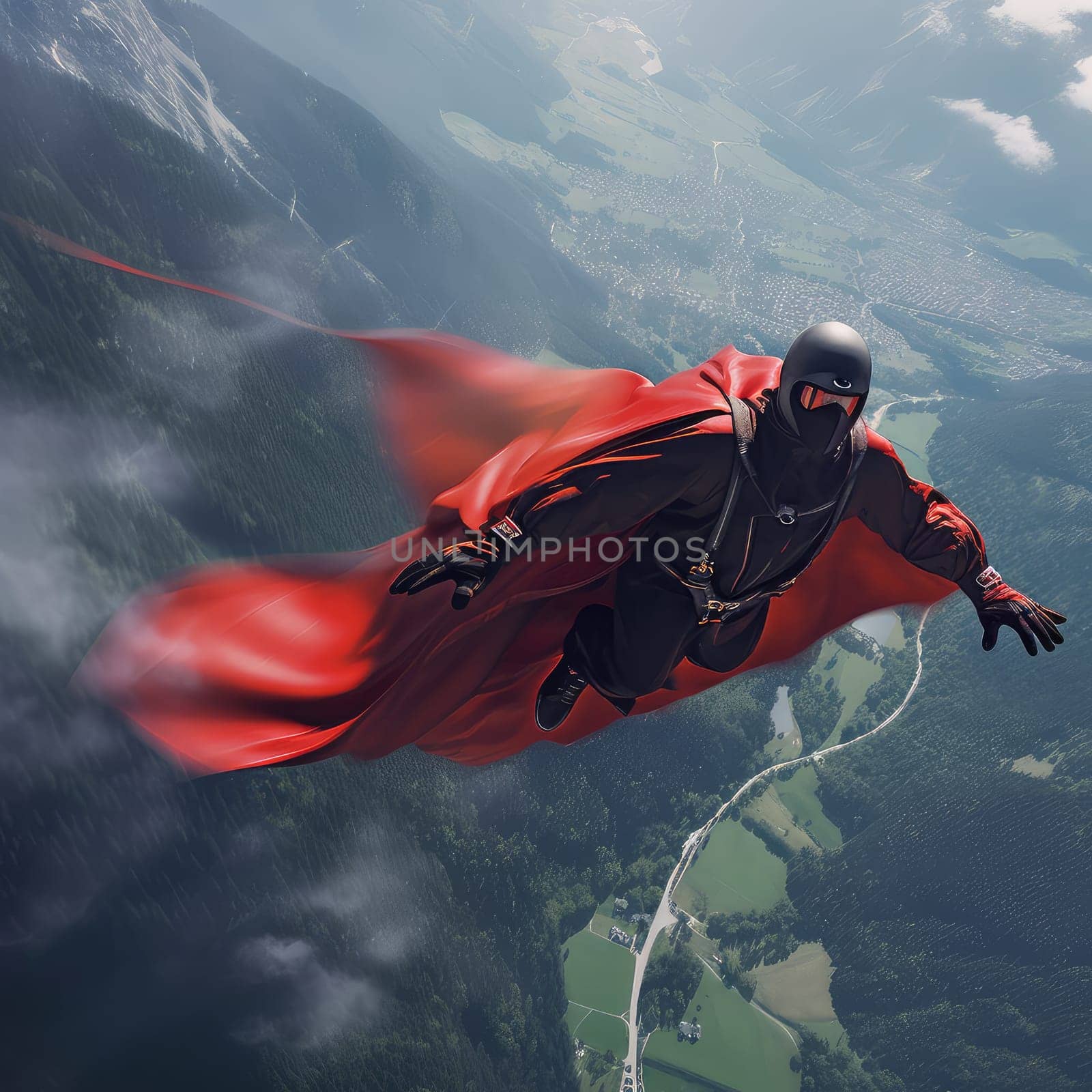 Wingsuit flyer photo realistic illustration - Generative AI. Man, wingsuit, mountain, sky.