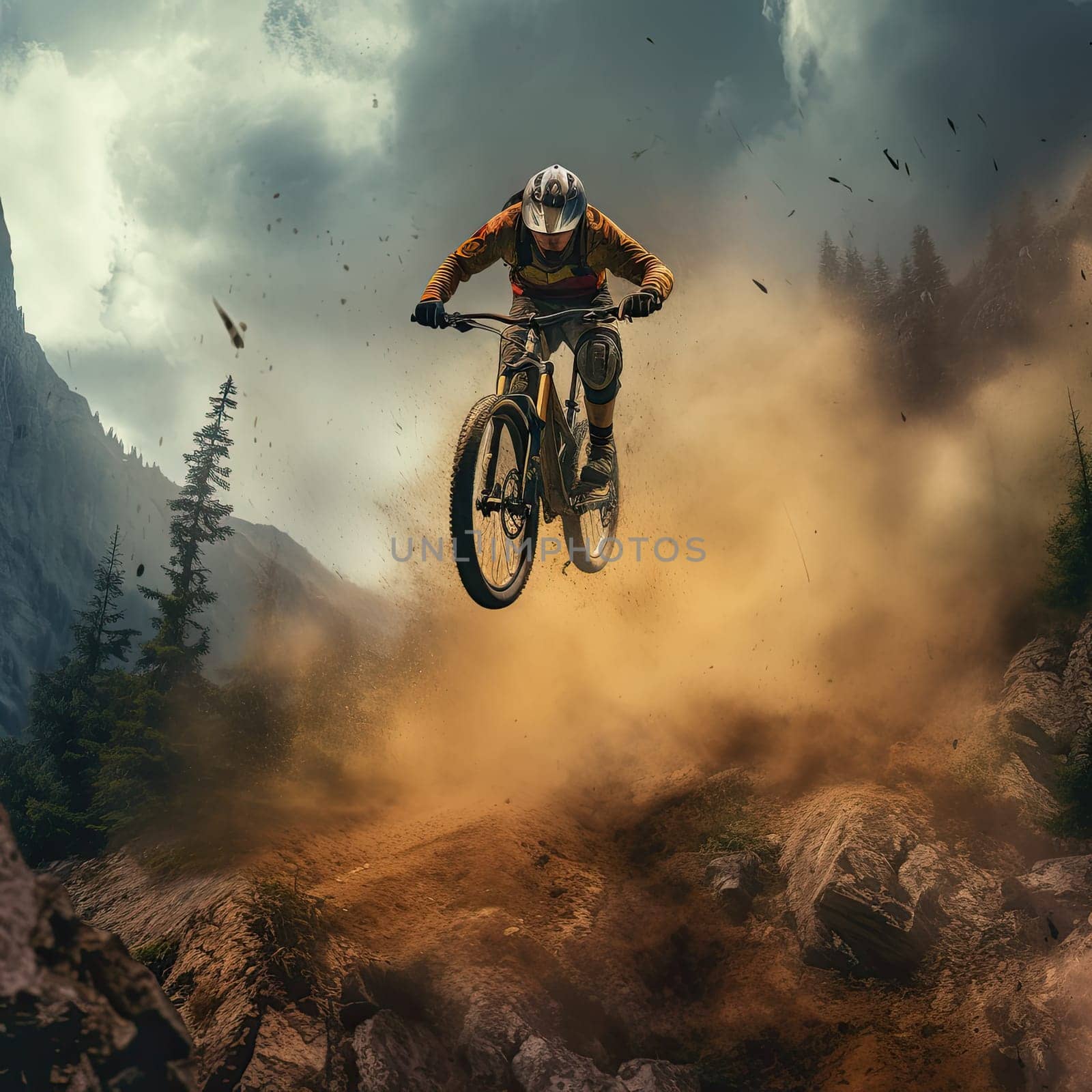 Mountain biker soaring photo realistic illustration - Generative AI. Man, biker, cliff, mountain, tree.