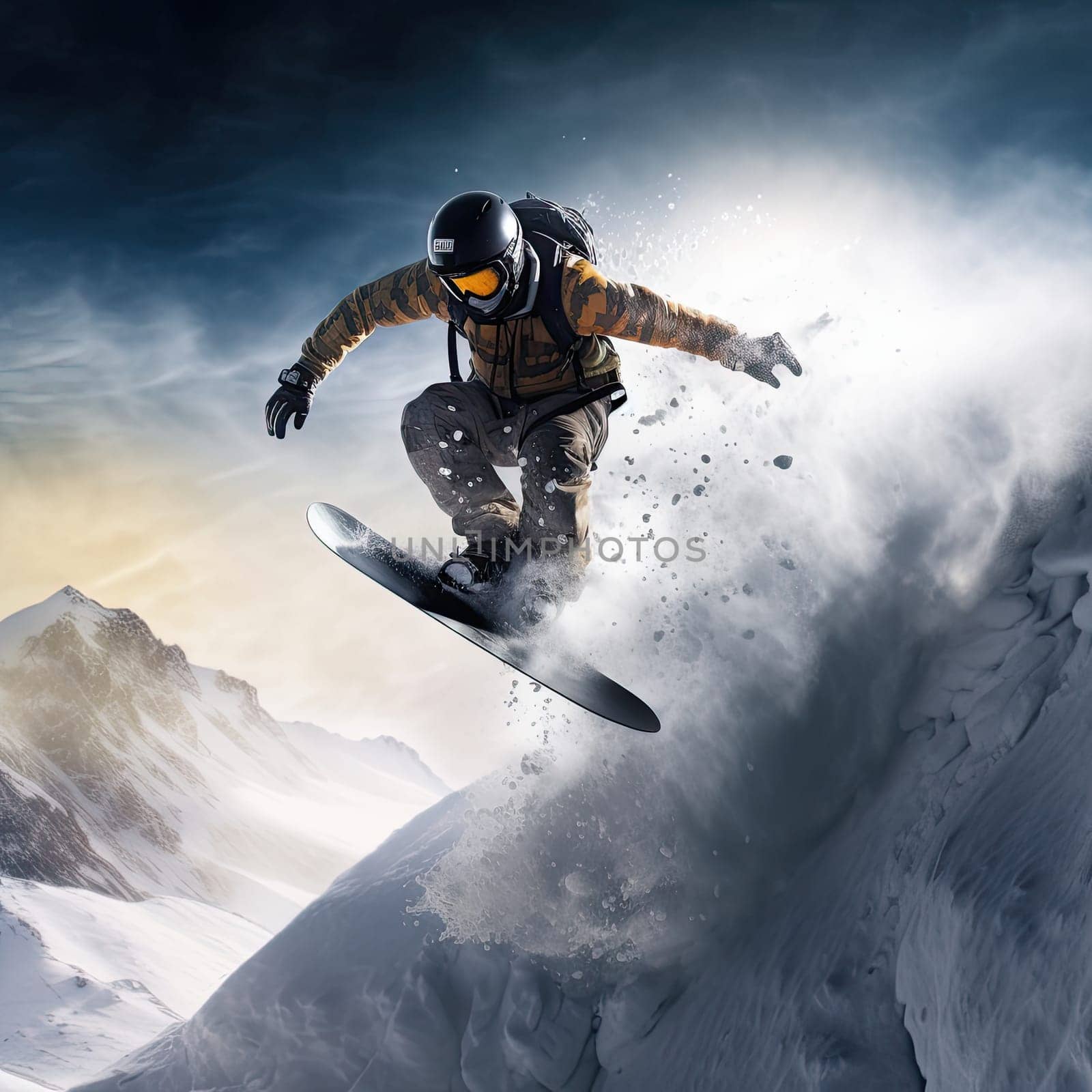 Snowboarder jumping photo realistic illustration - Generative AI. Snow, snowboarder, man, jump, board.