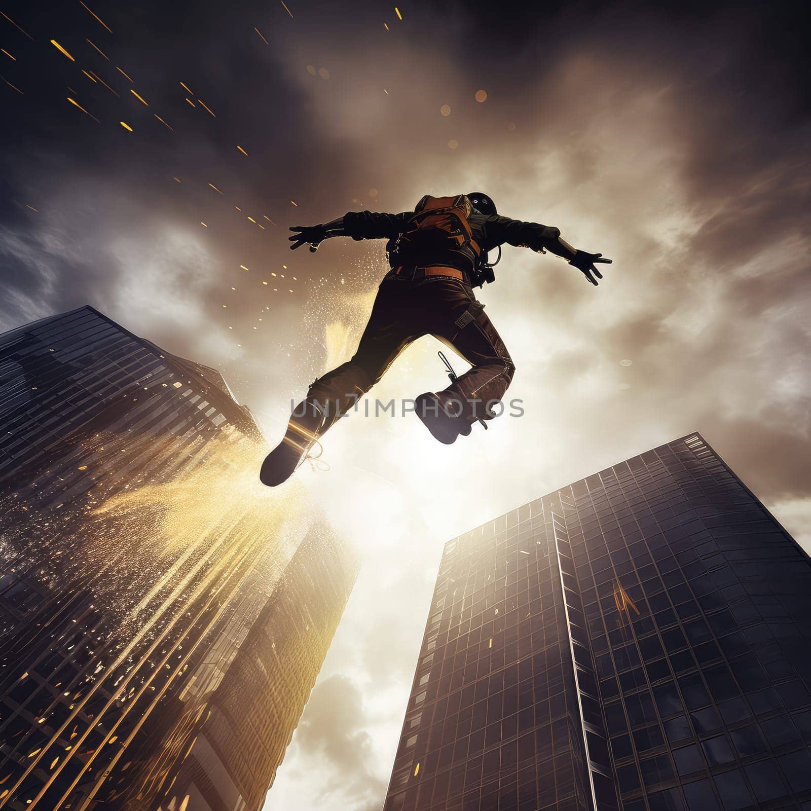 Jumper leaping photo realistic illustration - Generative AI. Jumper, man, sky, building.