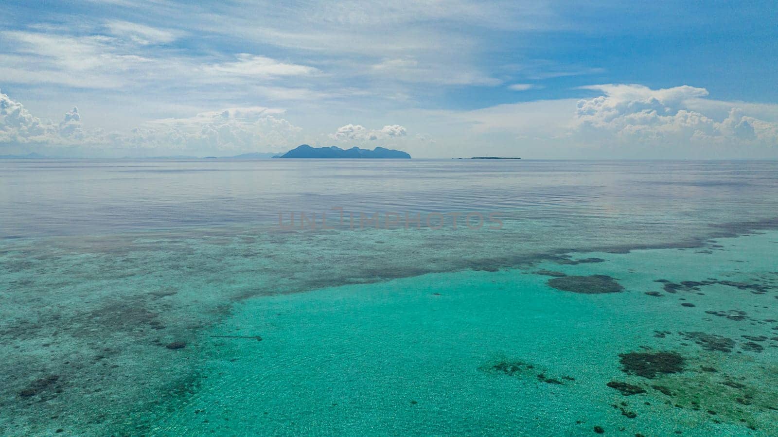 Top view of beautiful tropical islands and lagoons. Tun Sakaran Marine Park, Sabah, Malaysia.