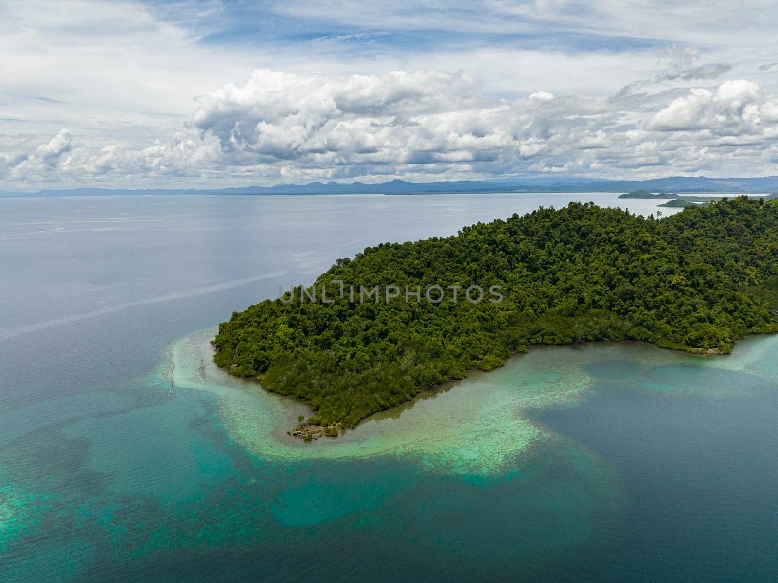Aerial view of coastline of Borneo island with jungle. Sabah, Malaysia.