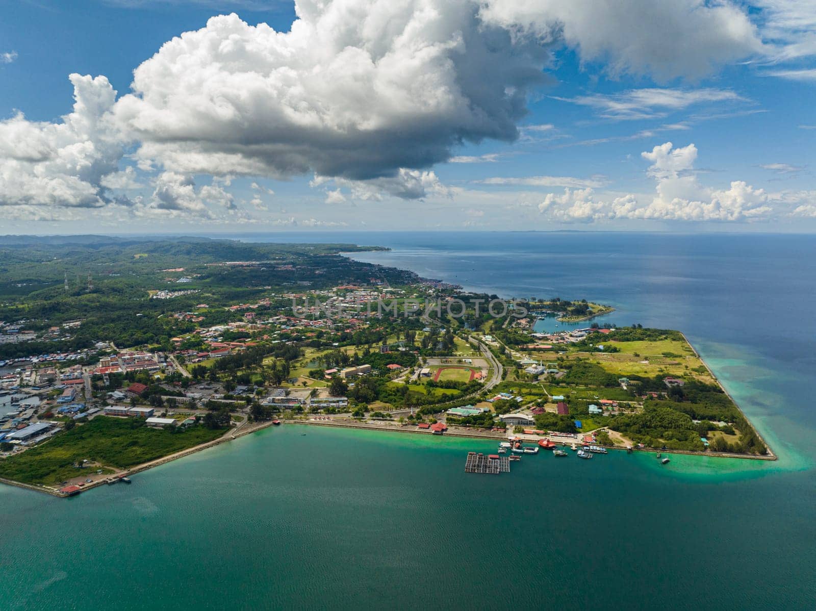 Aerial drone of Kudat city is the capital of the Kudat District in the division of Sabah, Malaysia. Borneo.