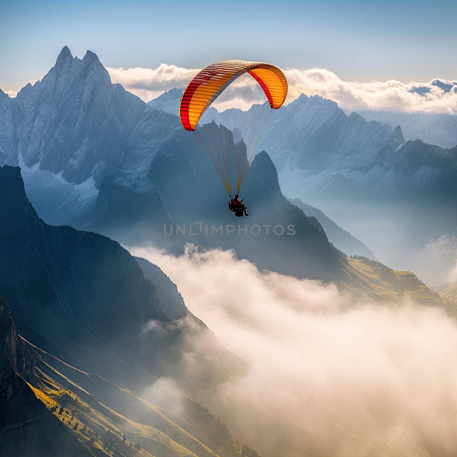 Paraglider soaring photo realistic illustration - Generative AI. Paraglider, man, flying, mountain.