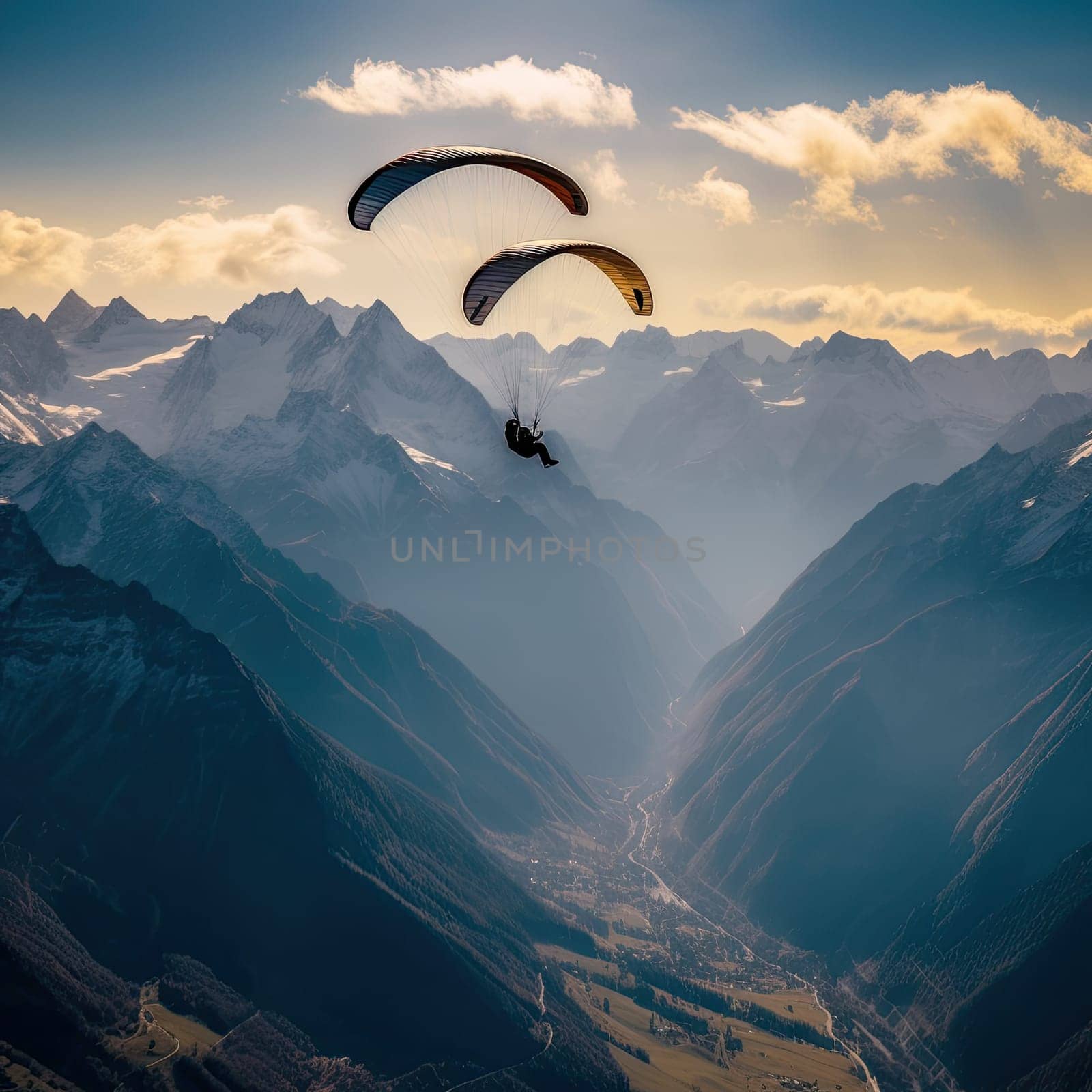 Paraglider soaring photo realistic illustration - Generative AI. Paraglider, man, flying, mountain.