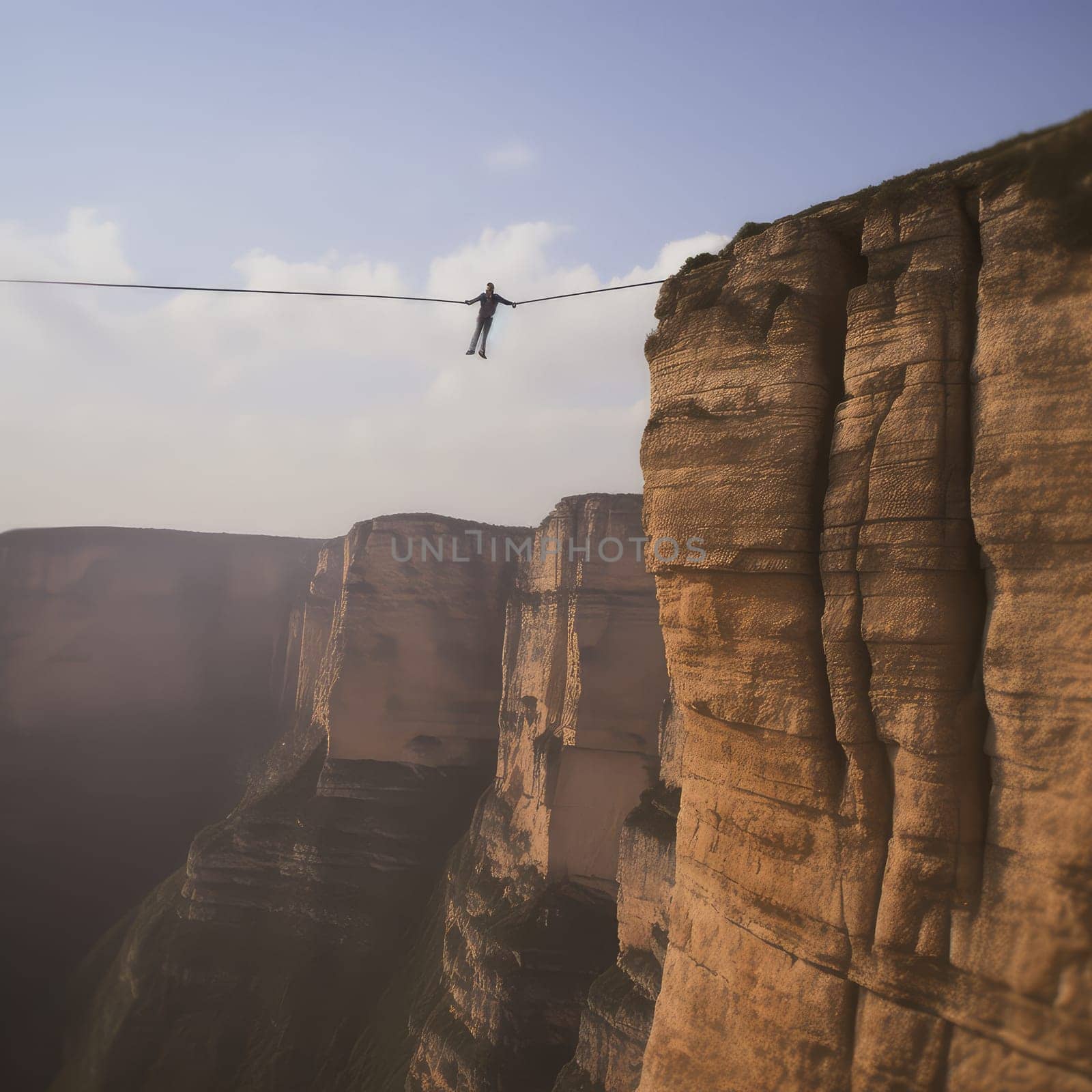 Slackliner balancing on a rope photo realistic illustration - Generative AI. Man, slackliner, rope, cliff, river.