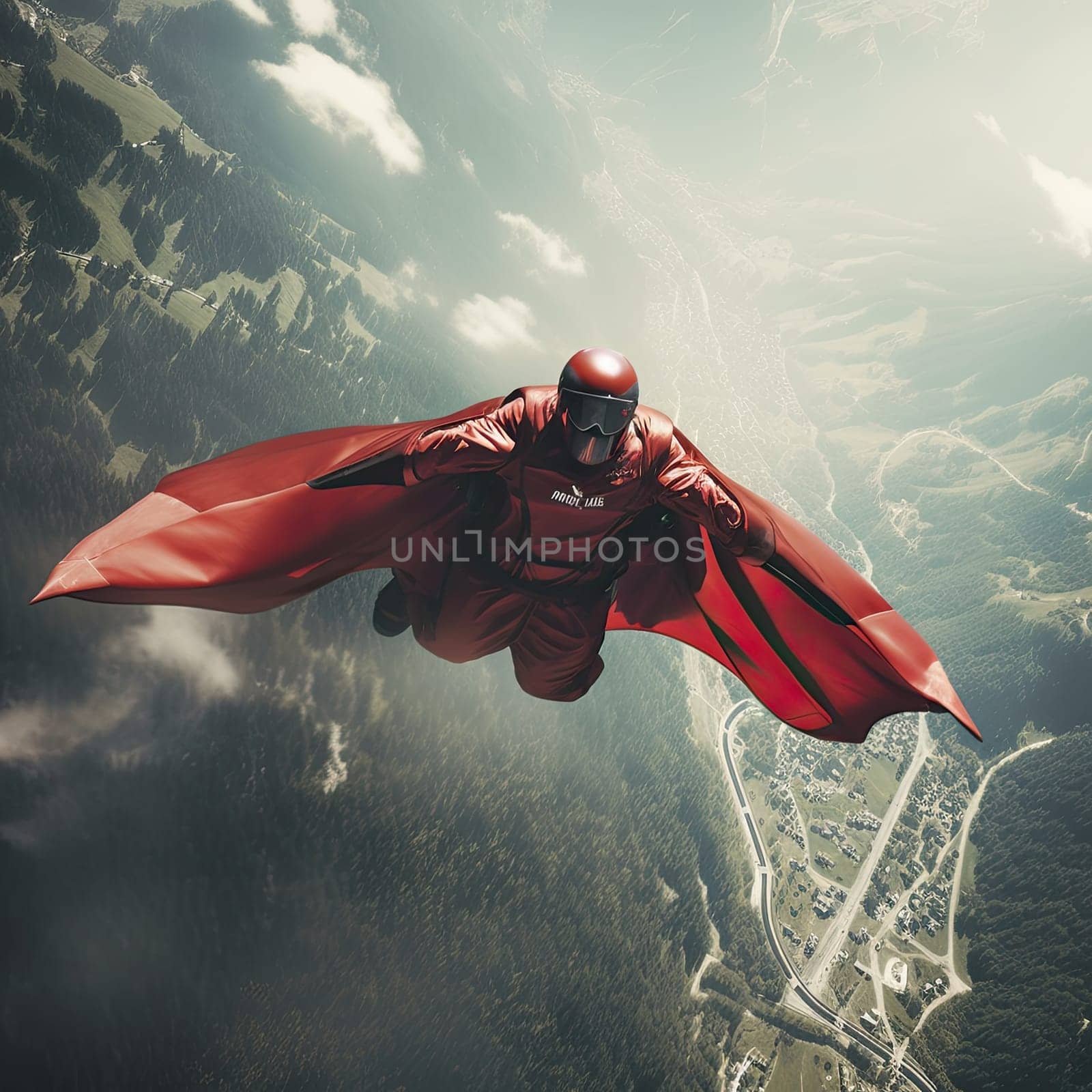 Wingsuit flyer photo realistic illustration - Generative AI. Man, wingsuit, mountain, sky.