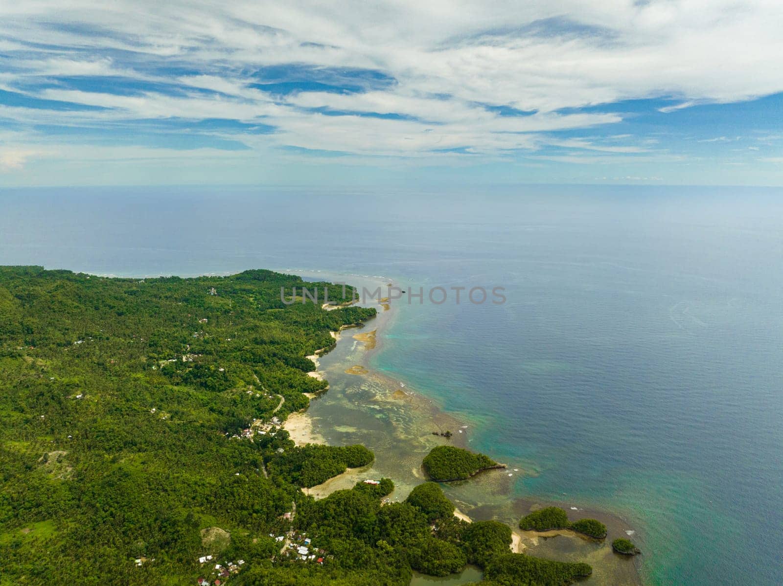 Top view of coastline of the island with jungle and beaches. Negros, Philippines