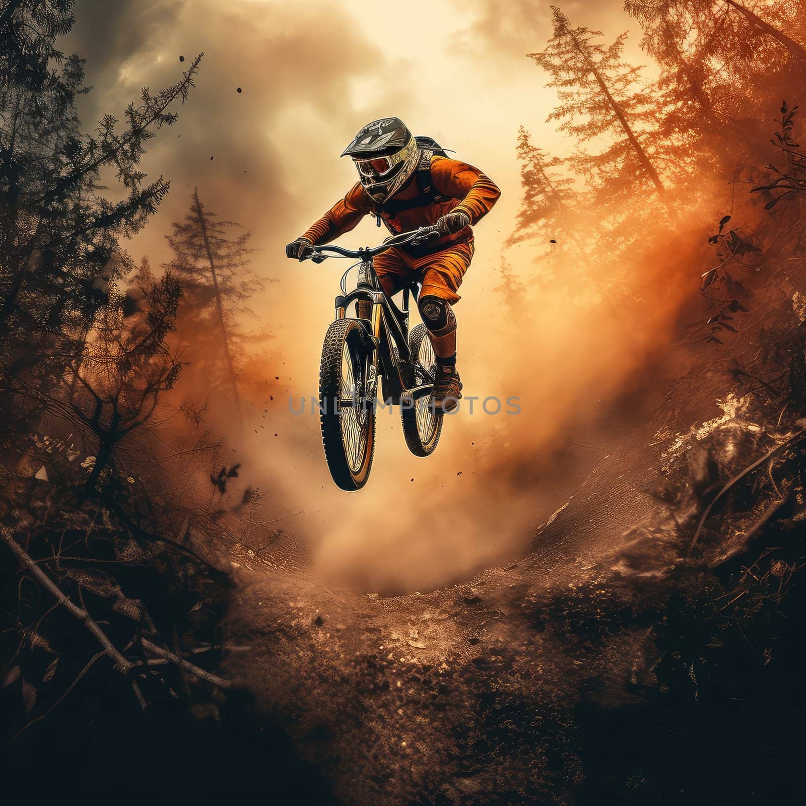 Mountain biker soaring photo realistic illustration - Generative AI. Man, biker, cliff, mountain, tree.