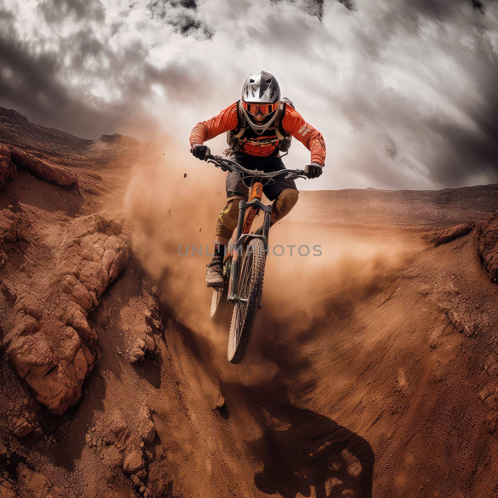 Mountain biker soaring photo realistic illustration - Generative AI. Man, biker, cliff, mountain, tree.