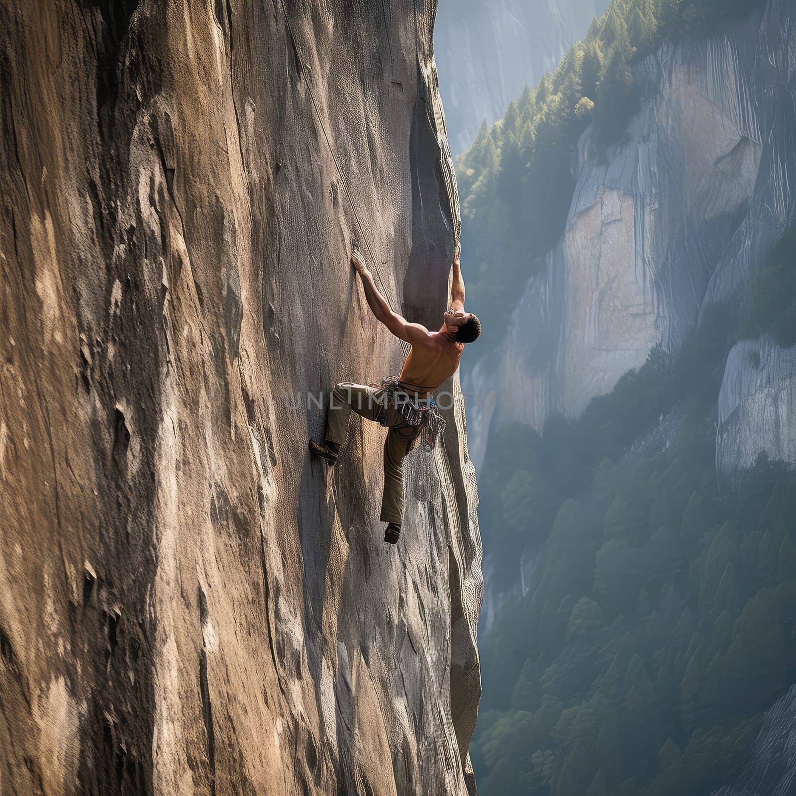 Free solo climber photo realistic illustration - Generative AI. by simakovavector
