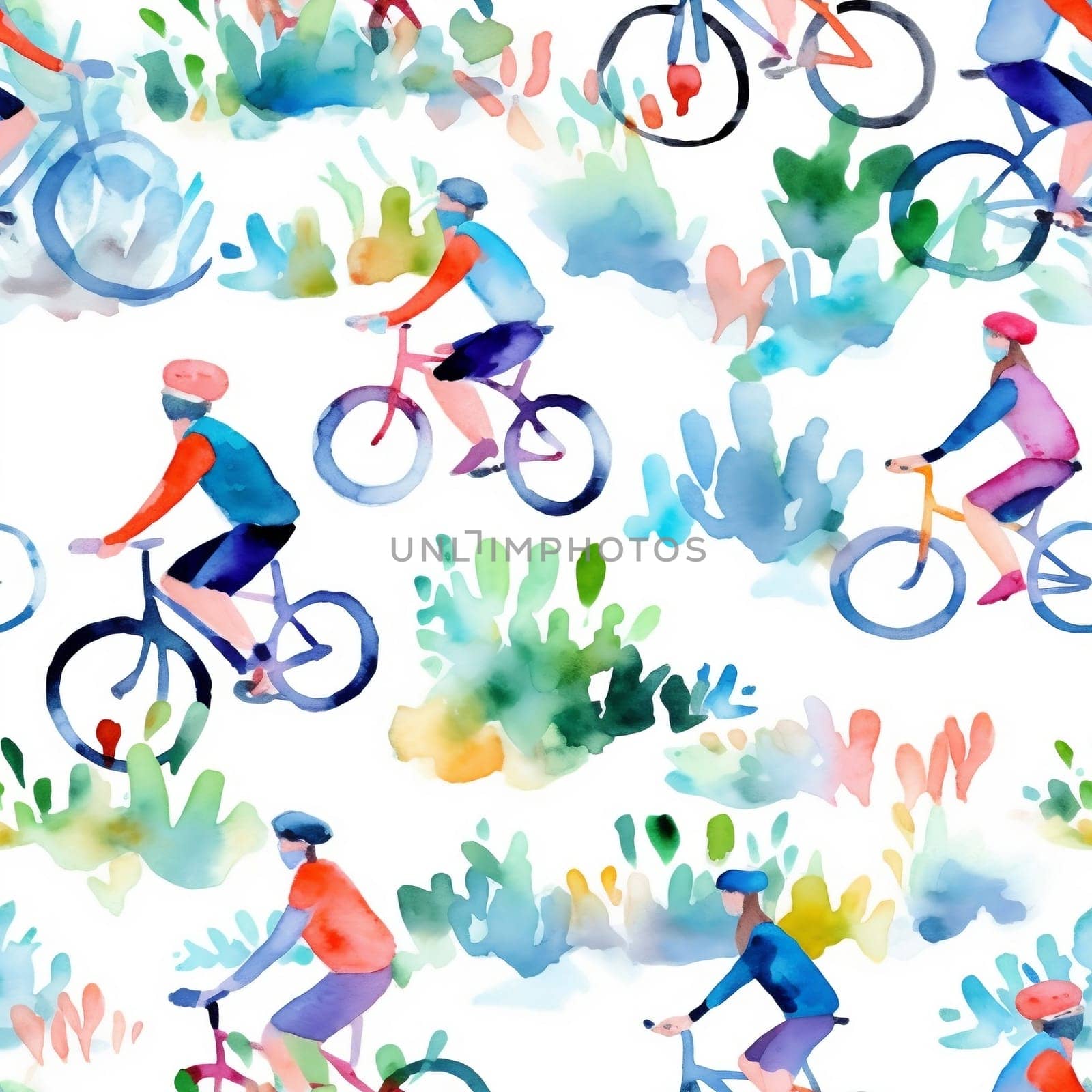 Watercolor illustration with splashes and streaks of paint: seamless pattern cyclists ride. AI