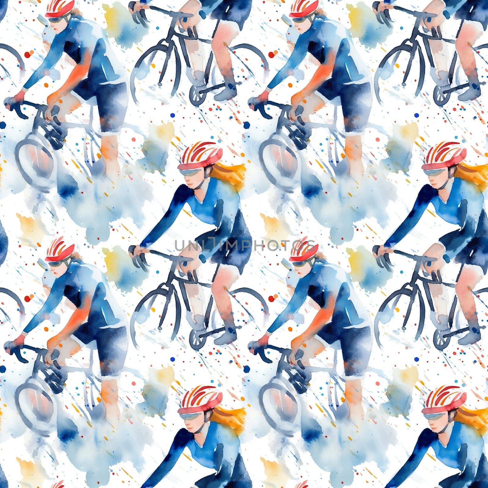 Watercolor illustration with splashes and streaks of paint: seamless pattern cyclists ride. AI