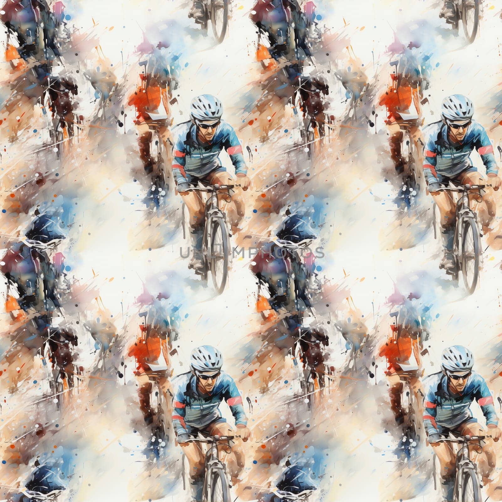 Watercolor illustration with splashes and streaks of paint: seamless pattern cyclists ride. AI