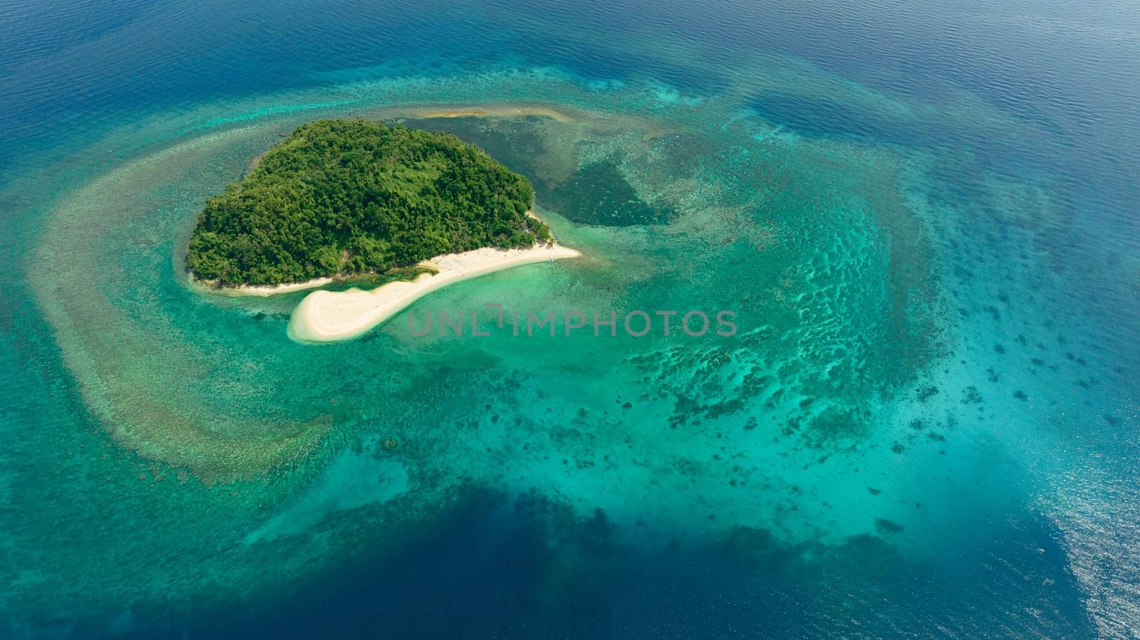 Tropical island in the blue sea with atoll and the beach. Agutaya island, Philippines.