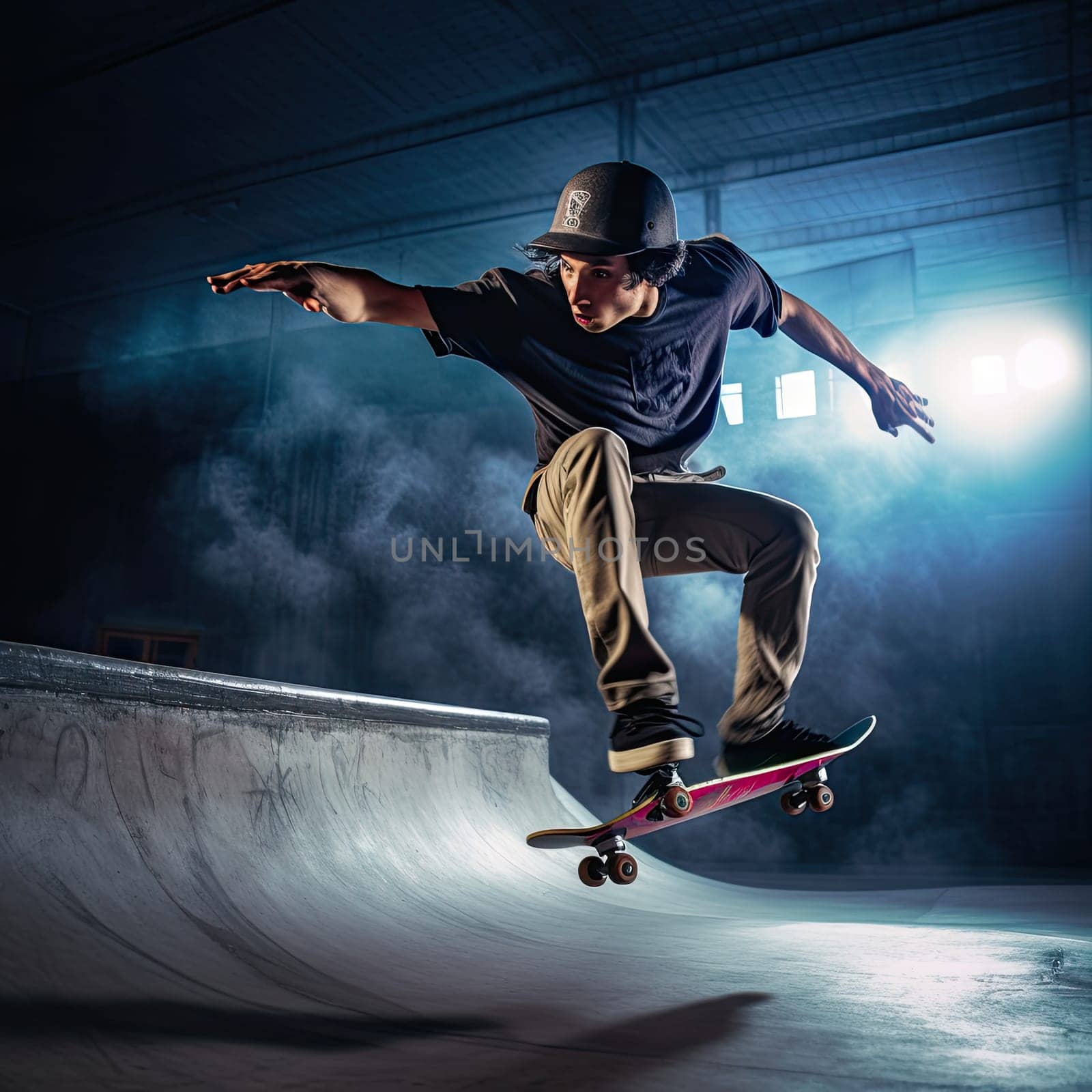 Skateboarder performing a trick photo realistic illustration - Generative AI. Skateboarder, man, board, ramp.